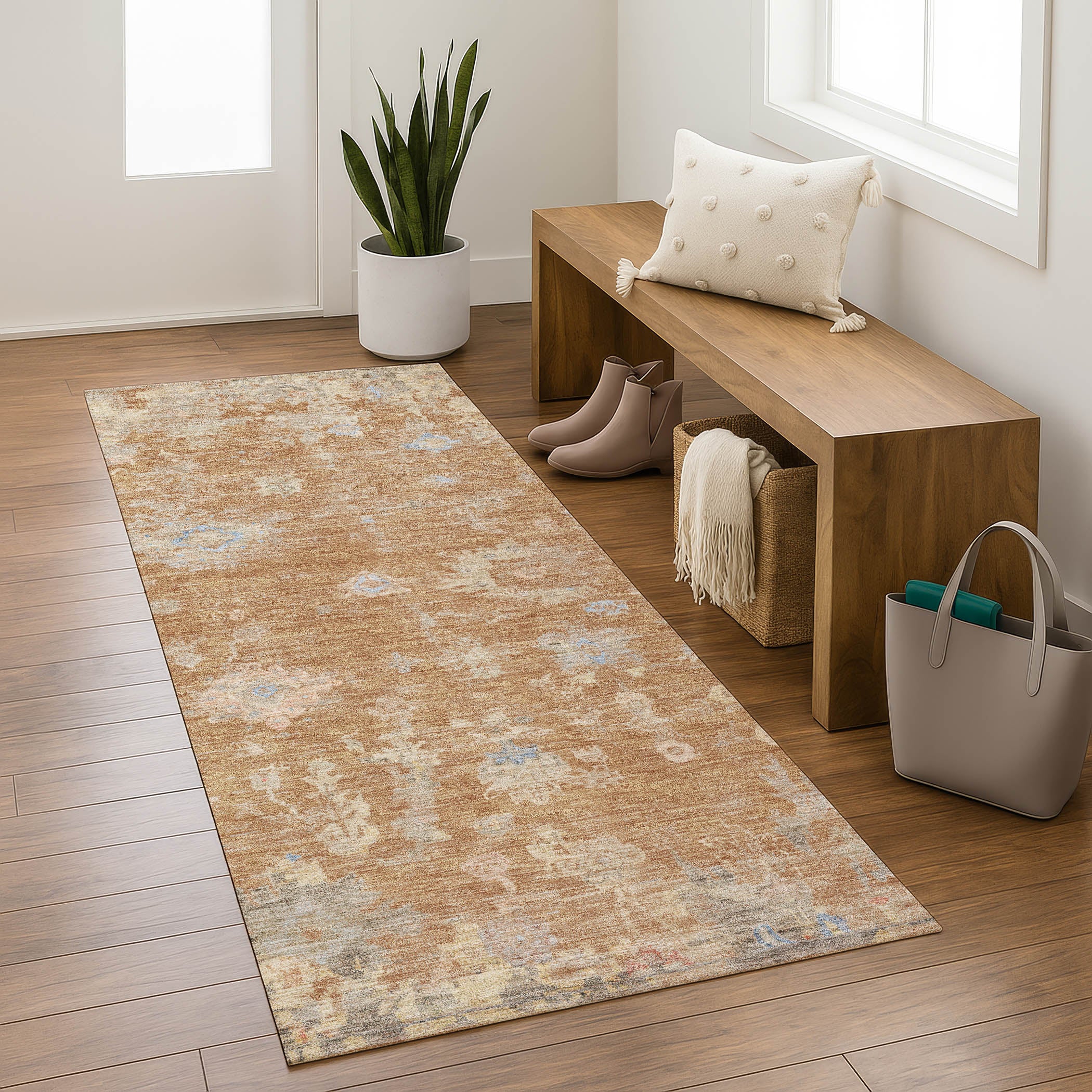 Colombo Machine Washable Traditional Copper Orange Rug 2'3" x 7'6" #shape_Runner
