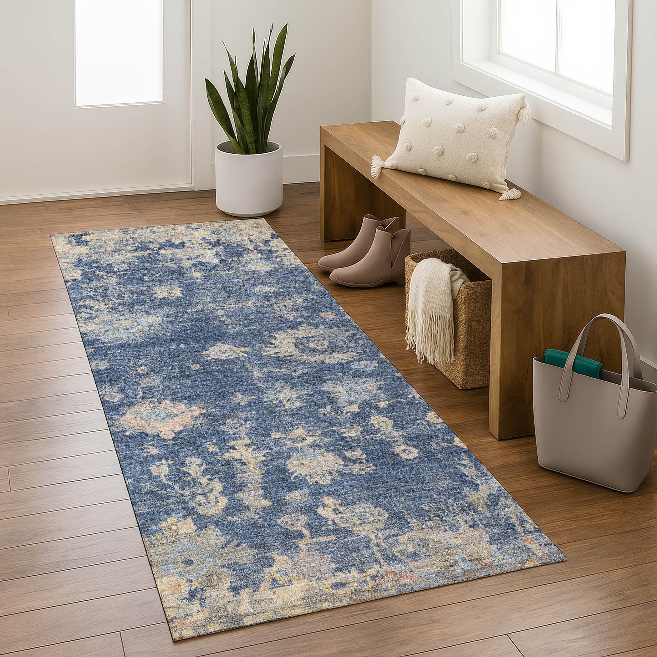 Colombo Machine Washable Traditional Navy Blue Rug 2'3" x 7'6" #shape_Runner