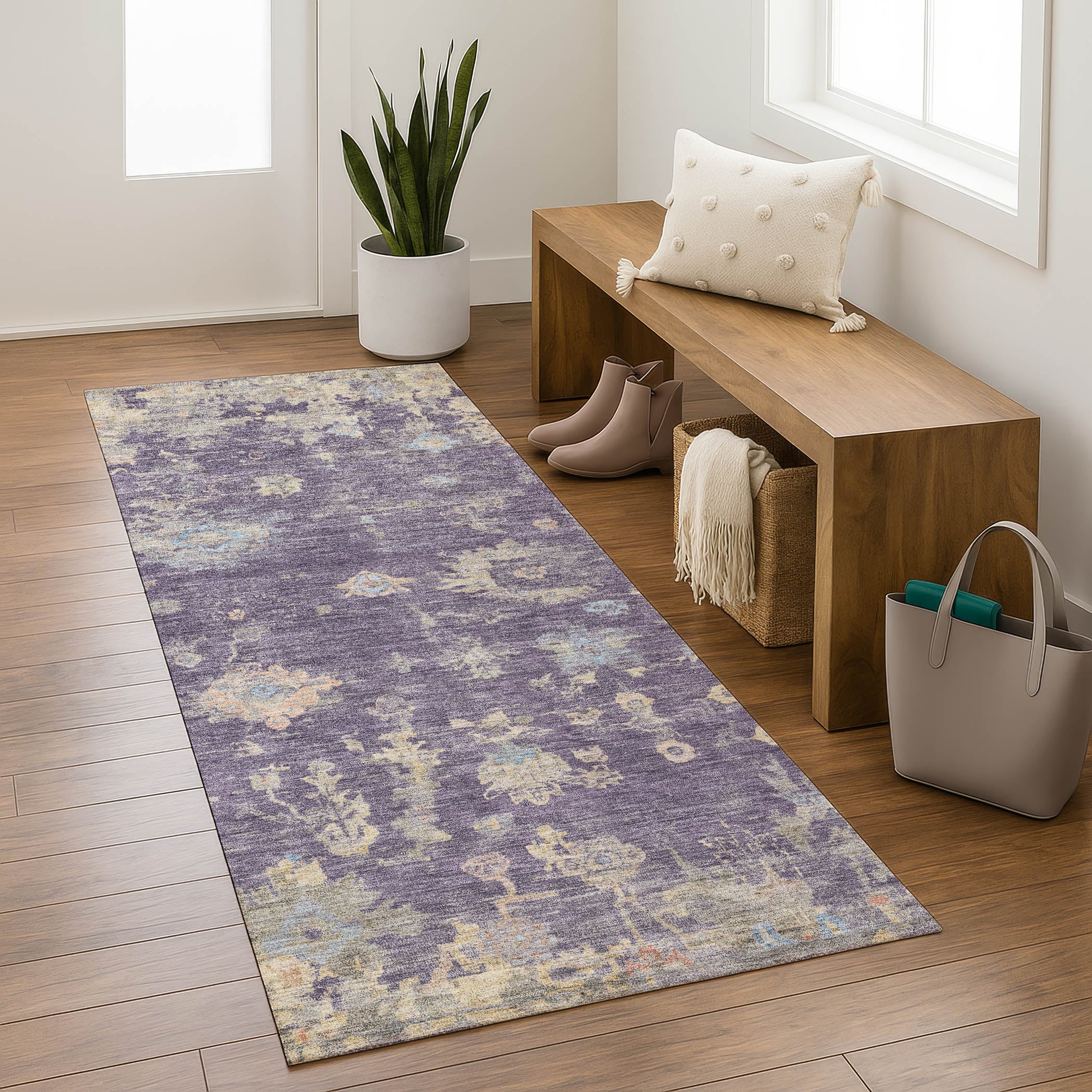 Colombo Machine Washable Traditional Plum Purple Rug 2'3" x 7'6" #shape_Runner