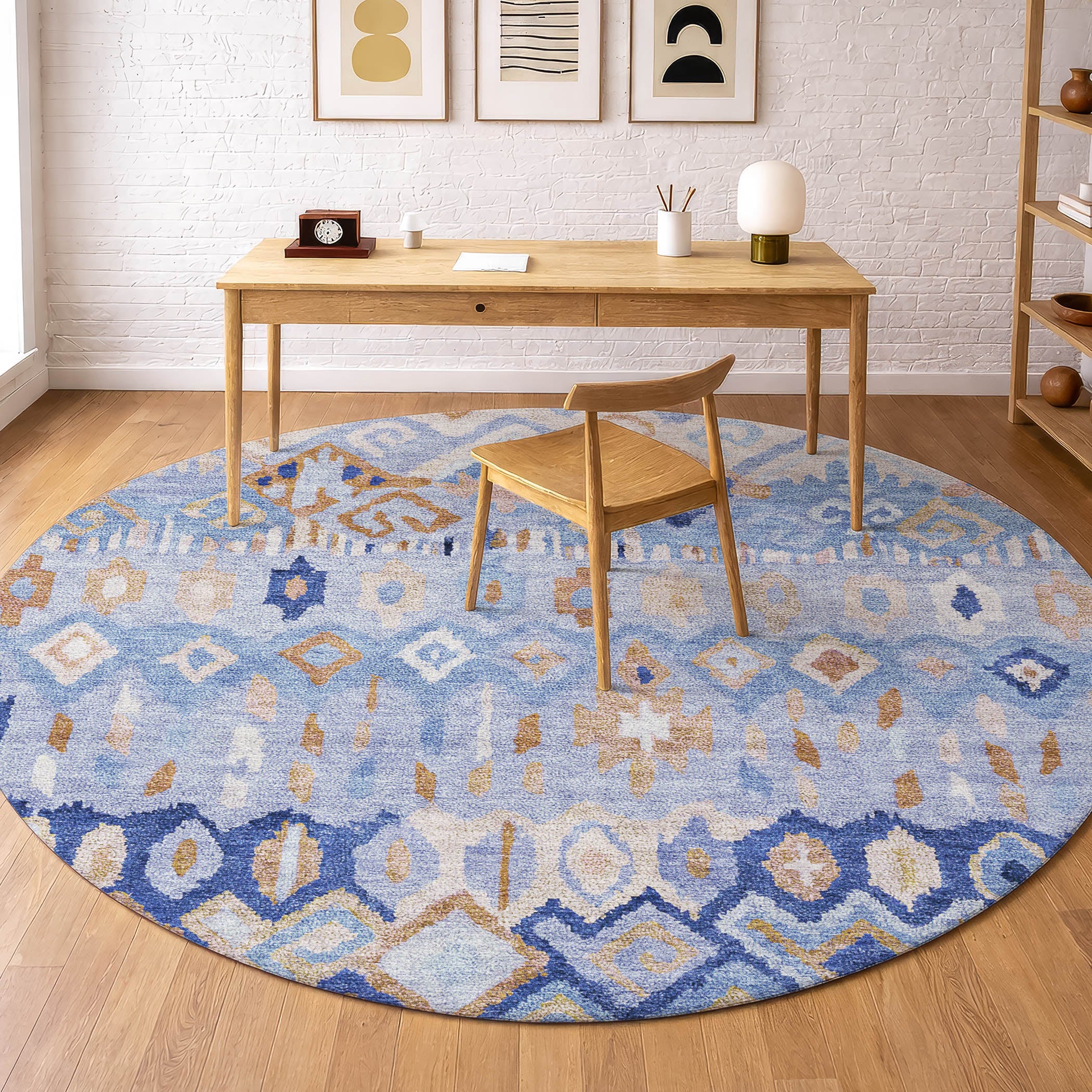 Lucerne Machine Washable Transitional Blue Rug 8' x 8' #shape_Round