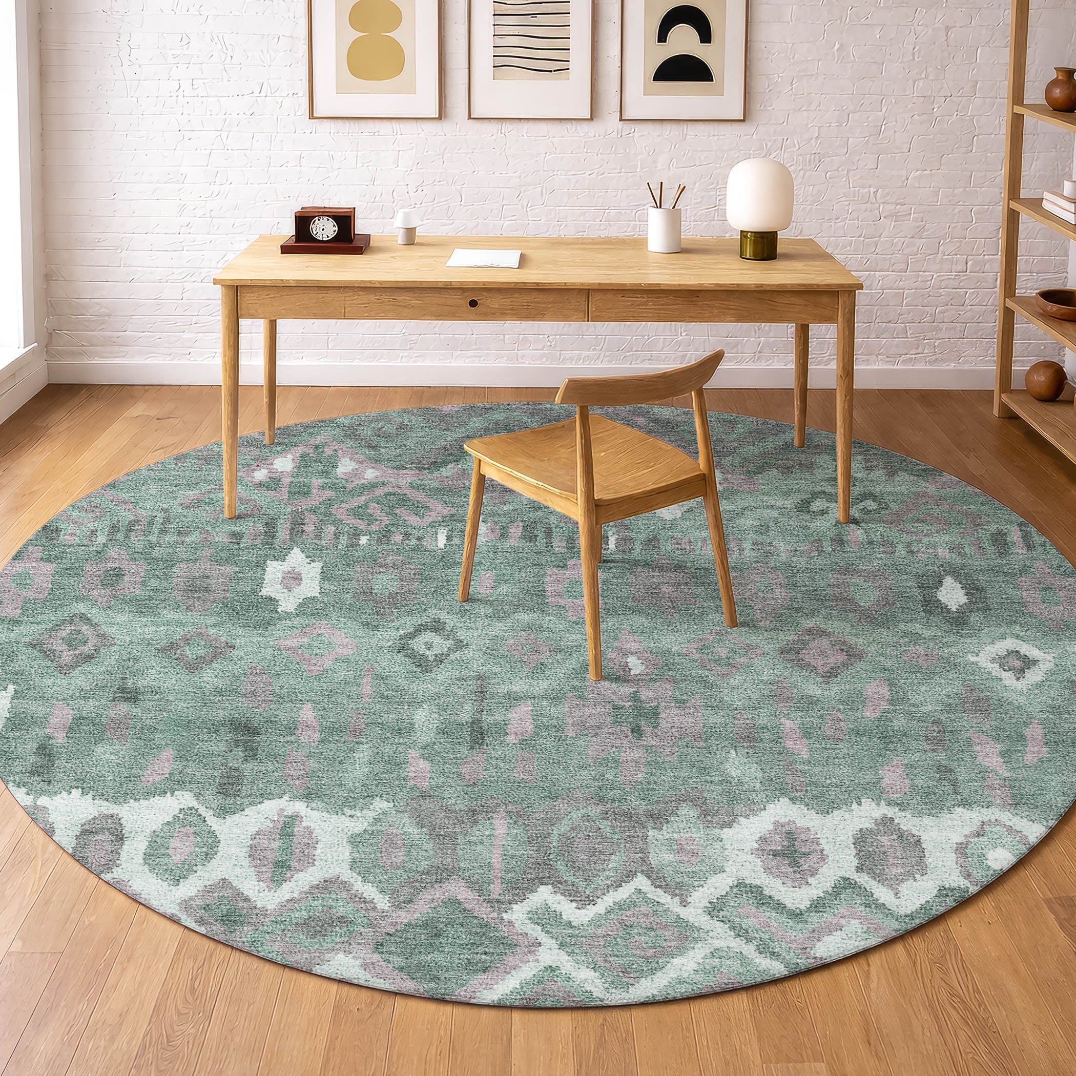 Dublin Machine Washable Transitional Aloe Green Rug 8' x 8' #shape_Round