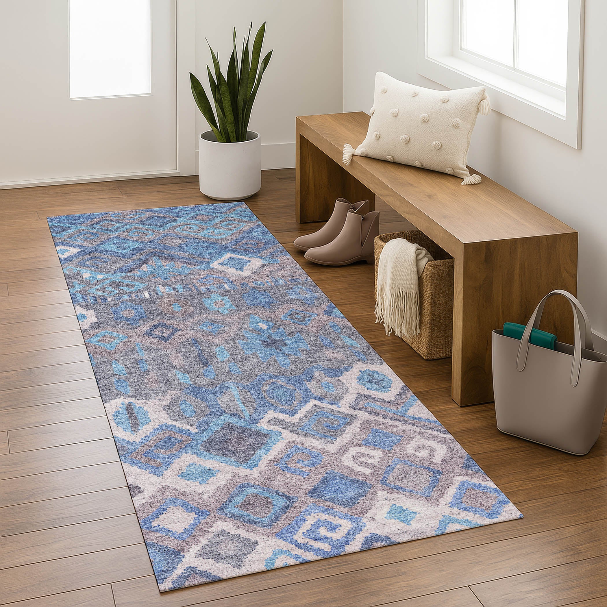 Dublin Machine Washable Transitional Blue Rug 2'3" x 7'6" #shape_Runner
