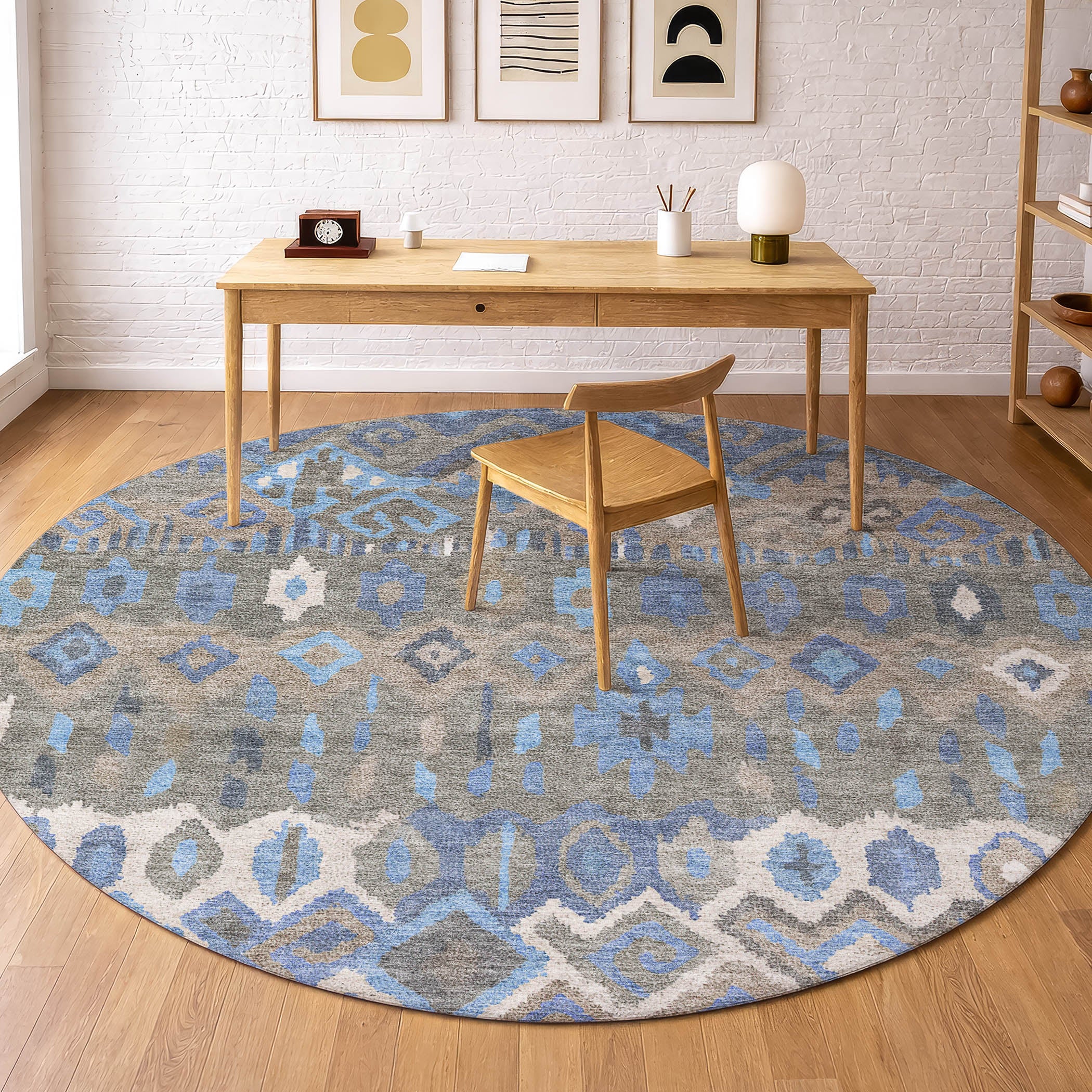 Dublin Machine Washable Transitional Denim Blue Rug 8' x 8' #shape_Round