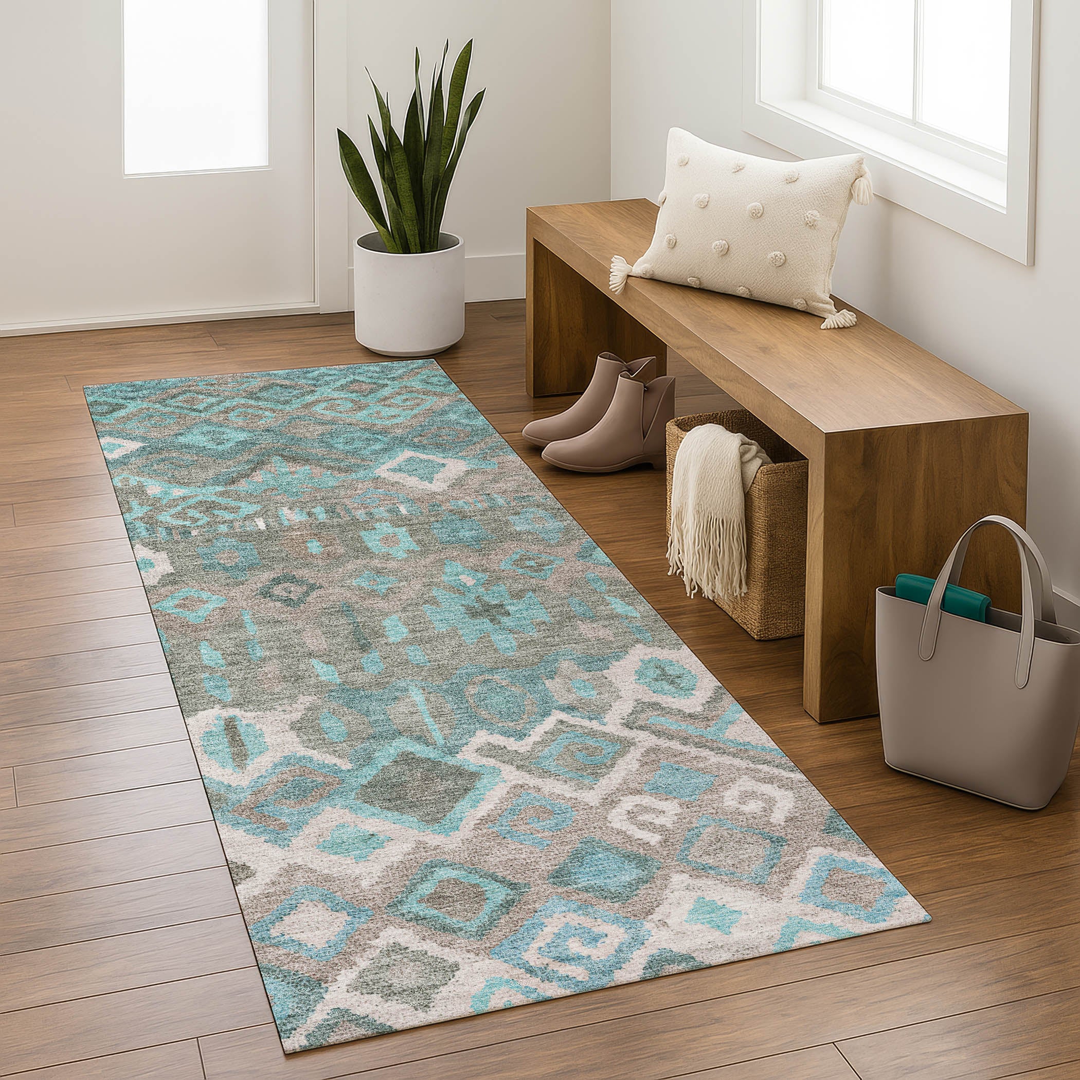 Dublin Machine Washable Transitional Teal Rug 2'3" x 7'6" #shape_Runner