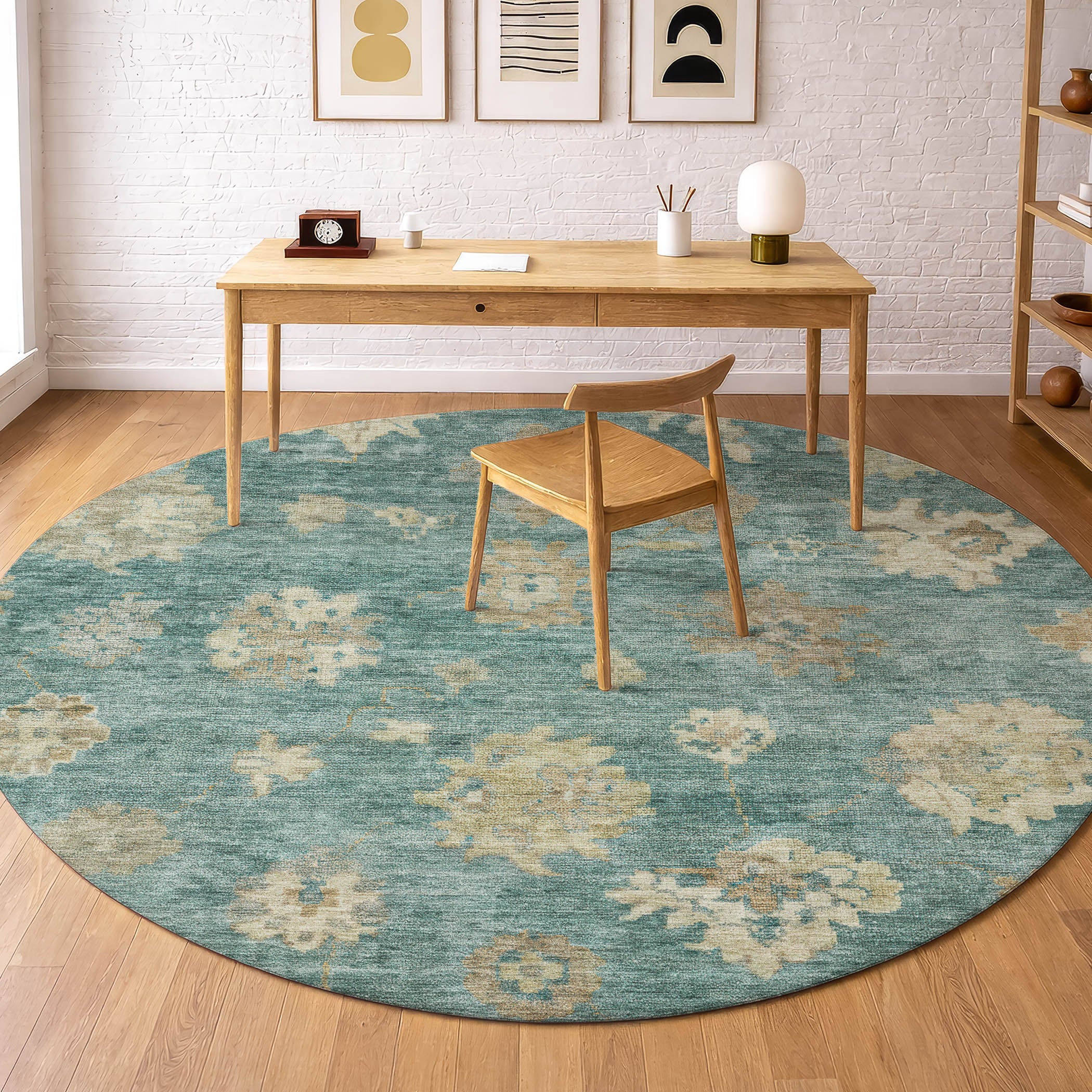 Mostar Machine Washable Traditional Aloe Green Rug 8' x 8' #shape_Round