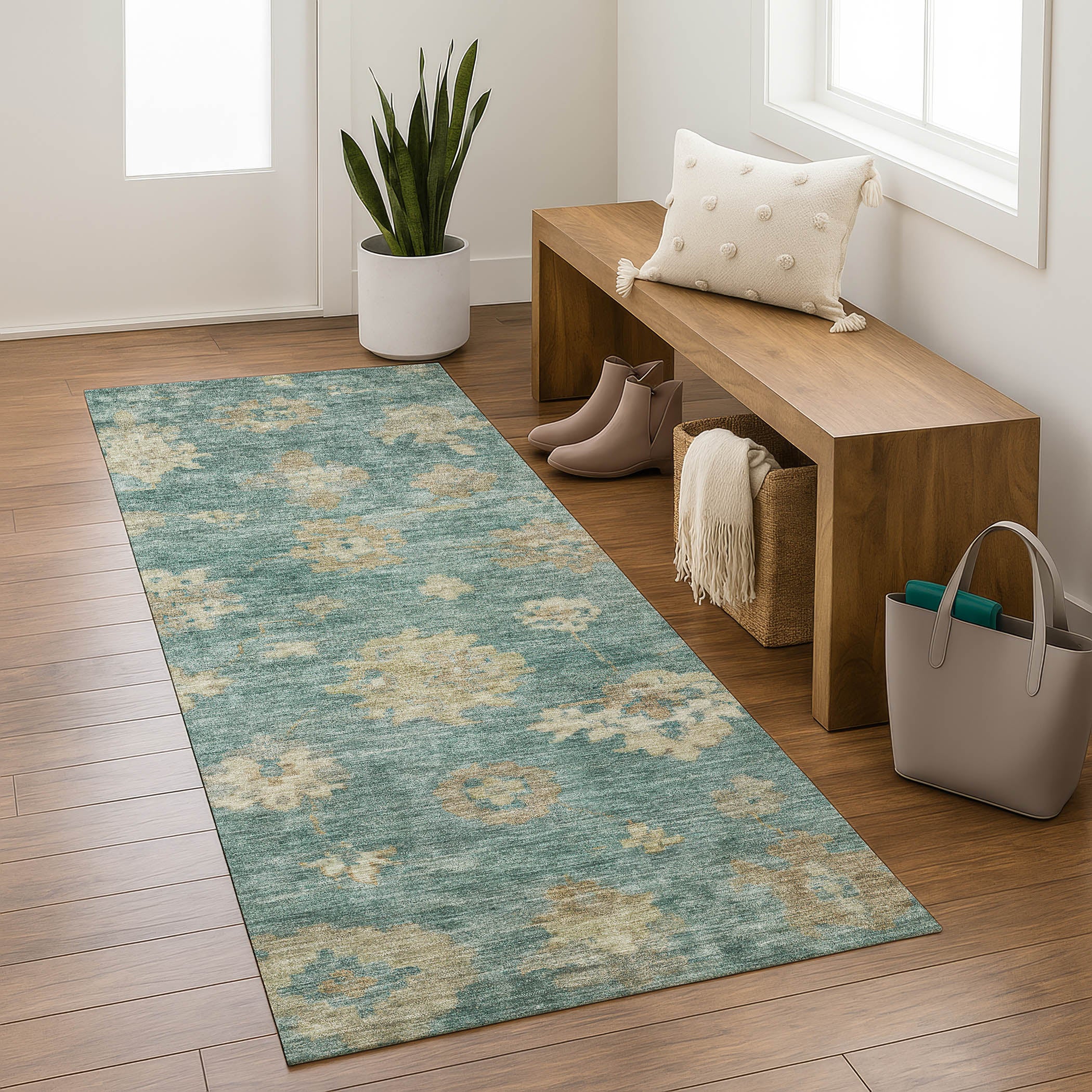 Mostar Machine Washable Traditional Aloe Green Rug 2'3" x 7'6" #shape_Runner