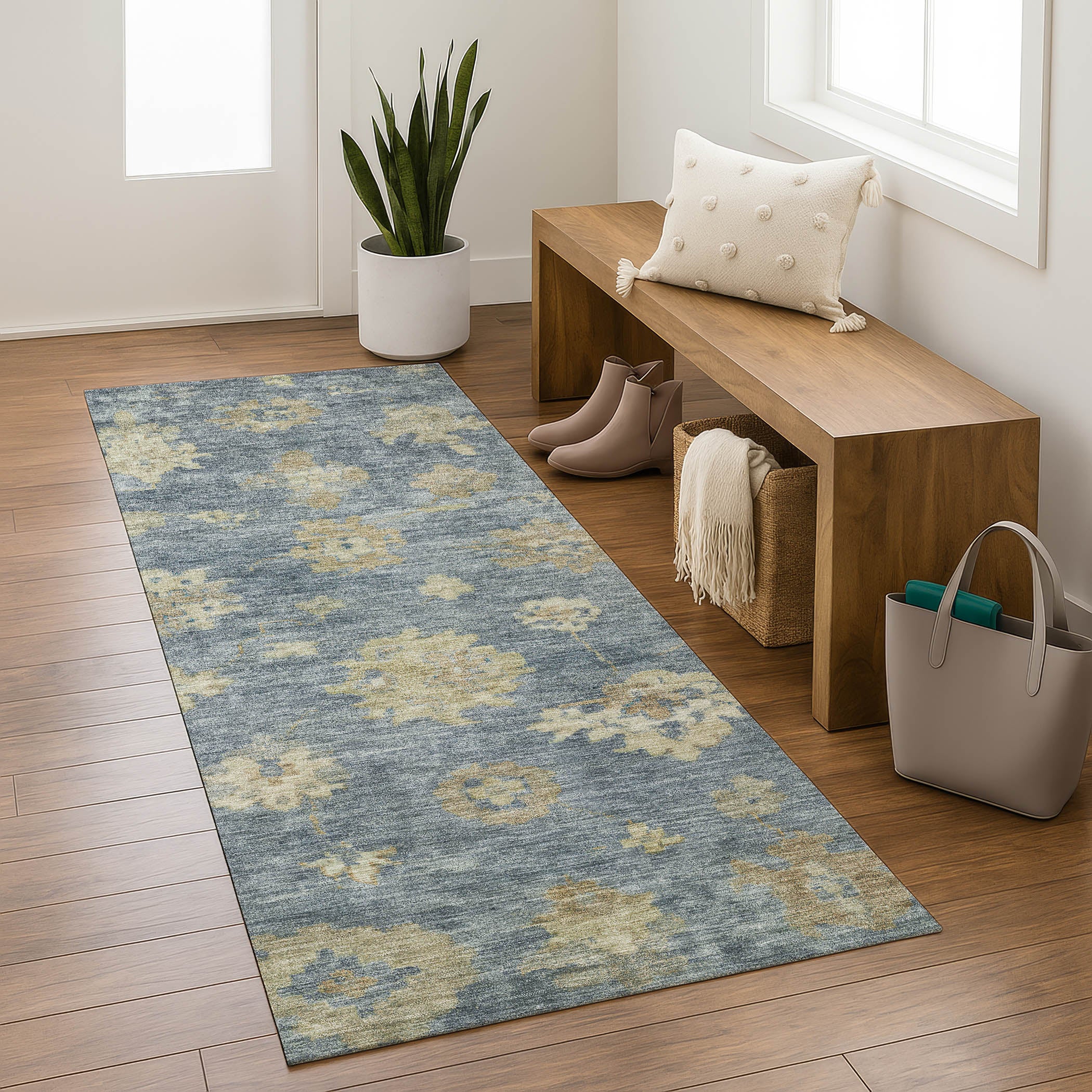 Mostar Machine Washable Traditional Blue Rug 2'3" x 7'6" #shape_Runner