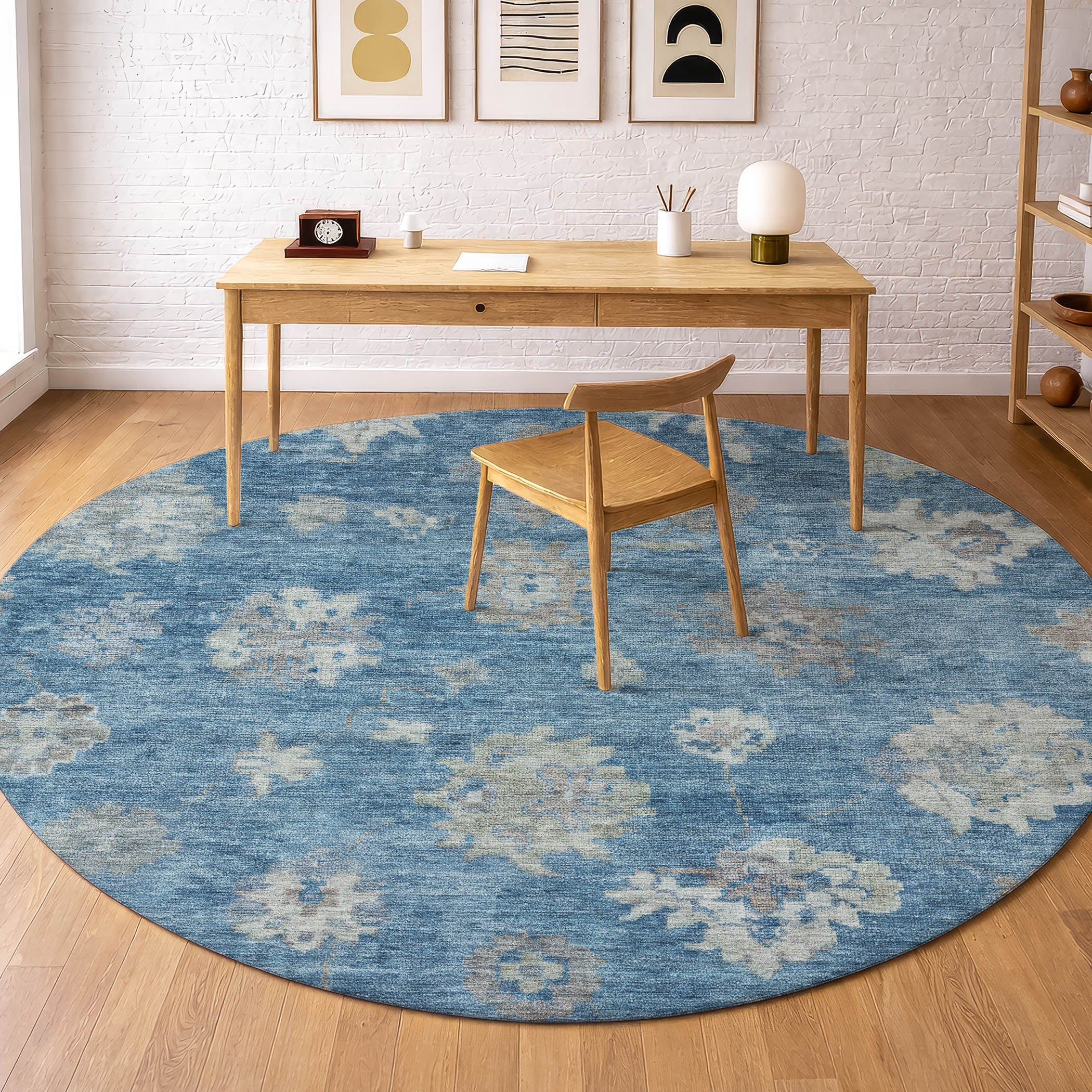 Mostar Machine Washable Traditional Denim Blue Rug 8' x 8' #shape_Round