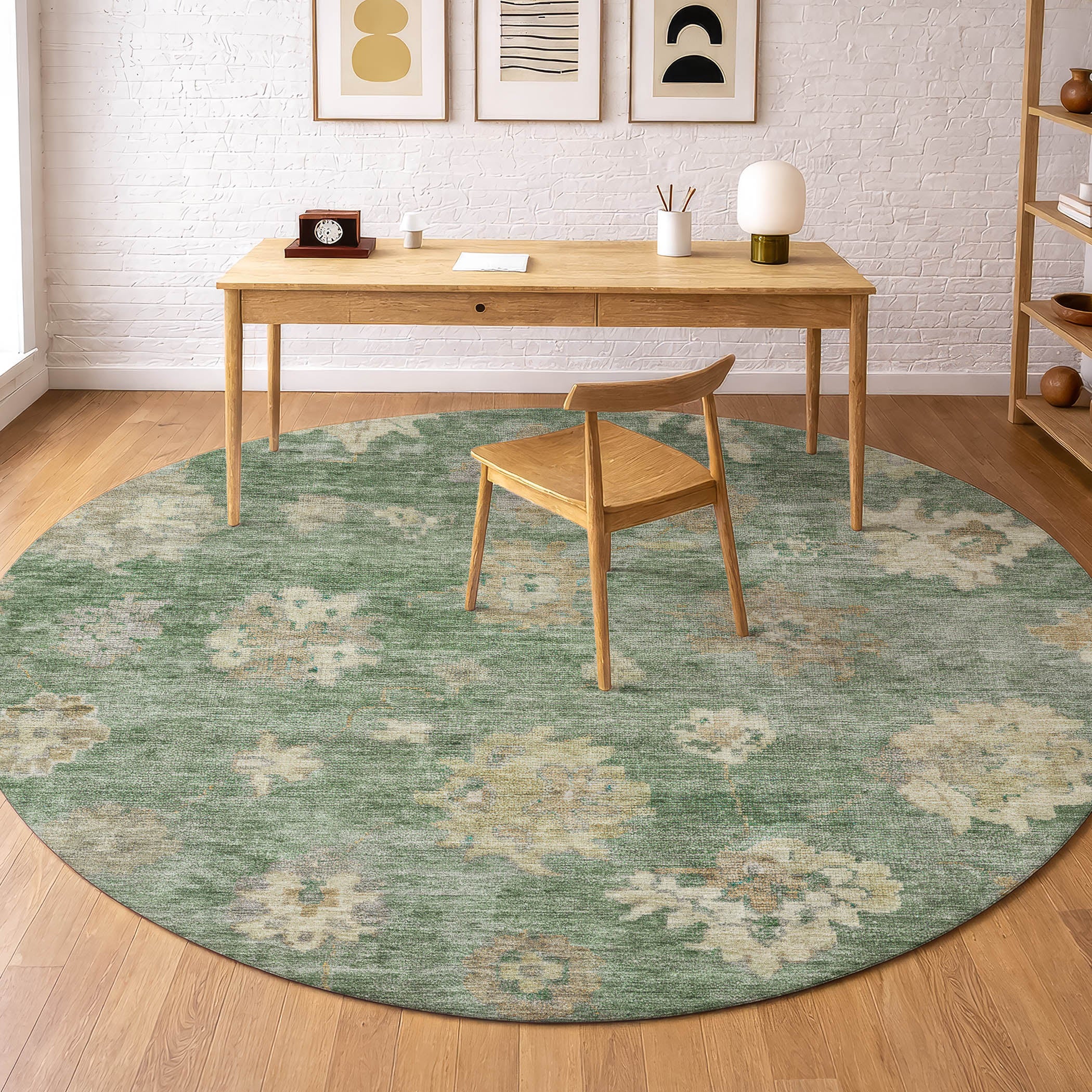Mostar Machine Washable Traditional Fern Green Rug 8' x 8' #shape_Round