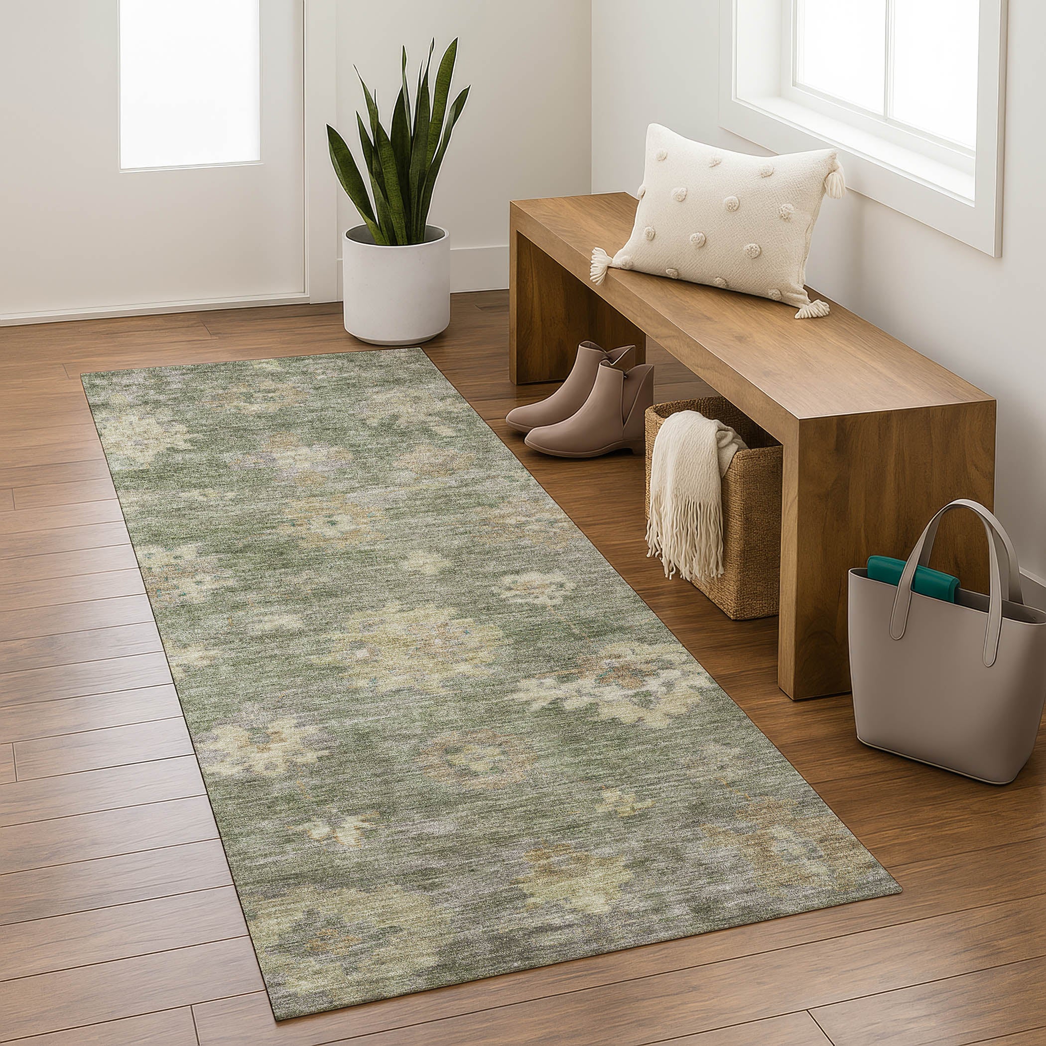 Mostar Machine Washable Traditional Sage Green Rug 2'3" x 7'6" #shape_Runner