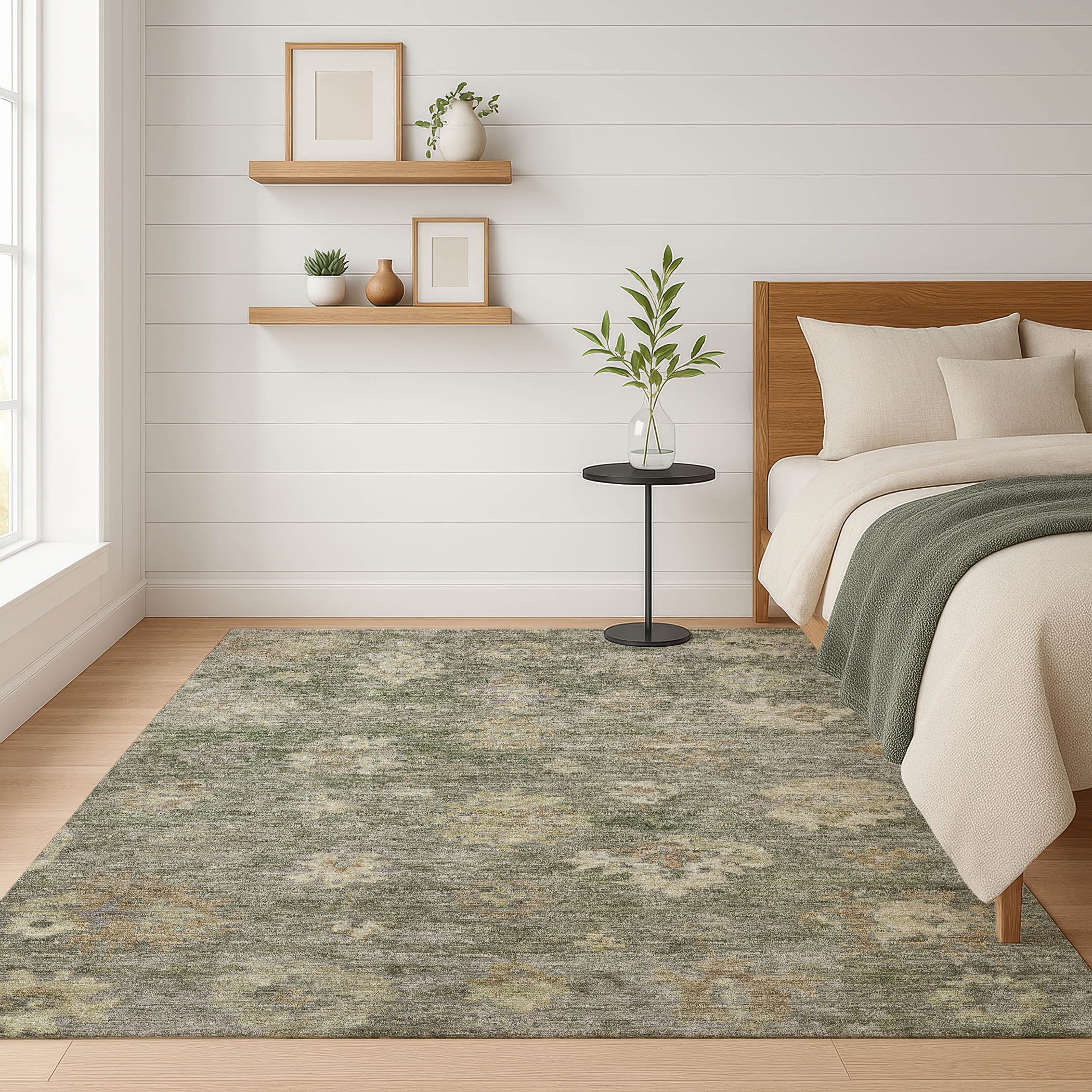 Mostar Machine Washable Traditional Sage Green Rug 3' x 5' #shape_Rectangle