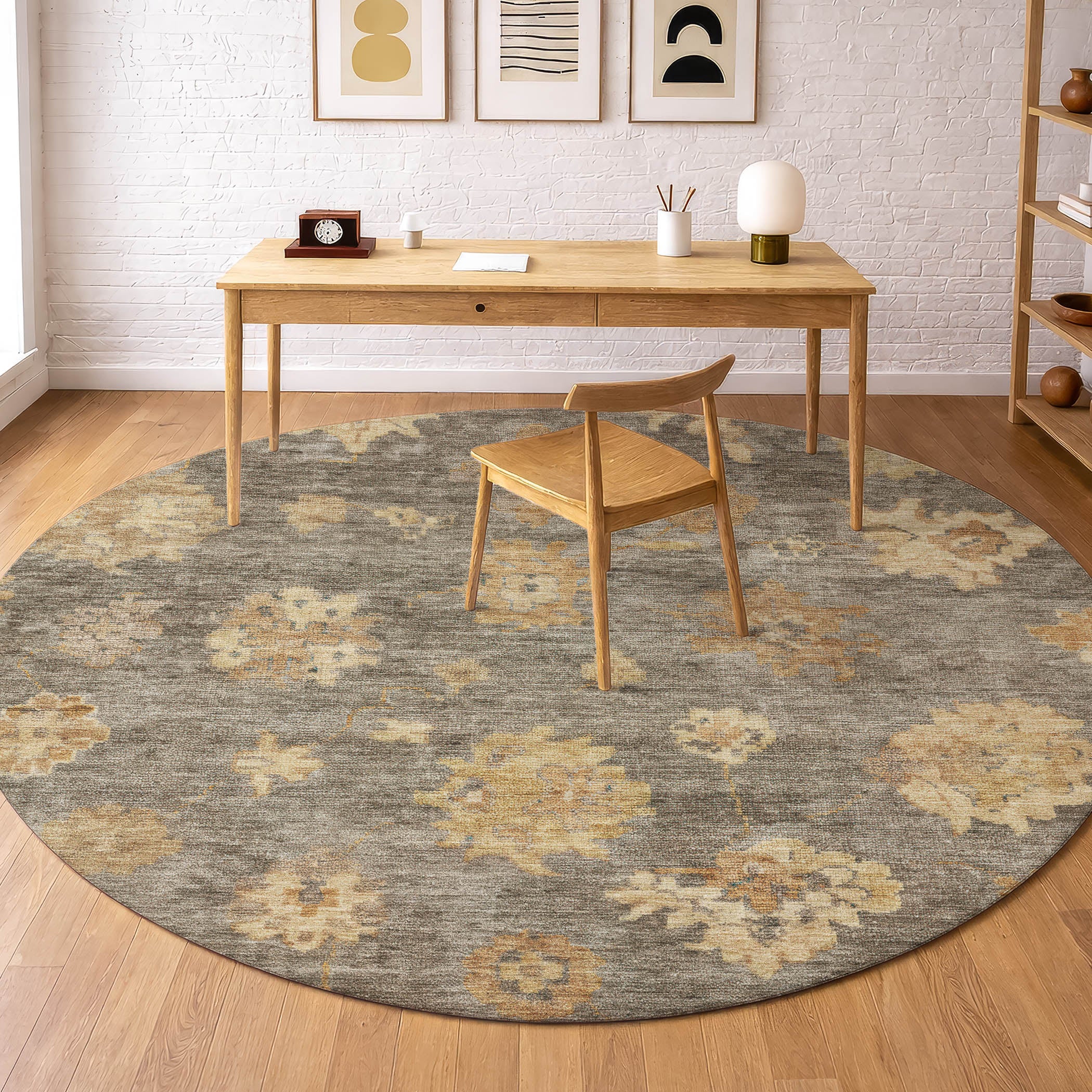 Mostar Machine Washable Traditional Taupe Brown Rug 8' x 8' #shape_Round