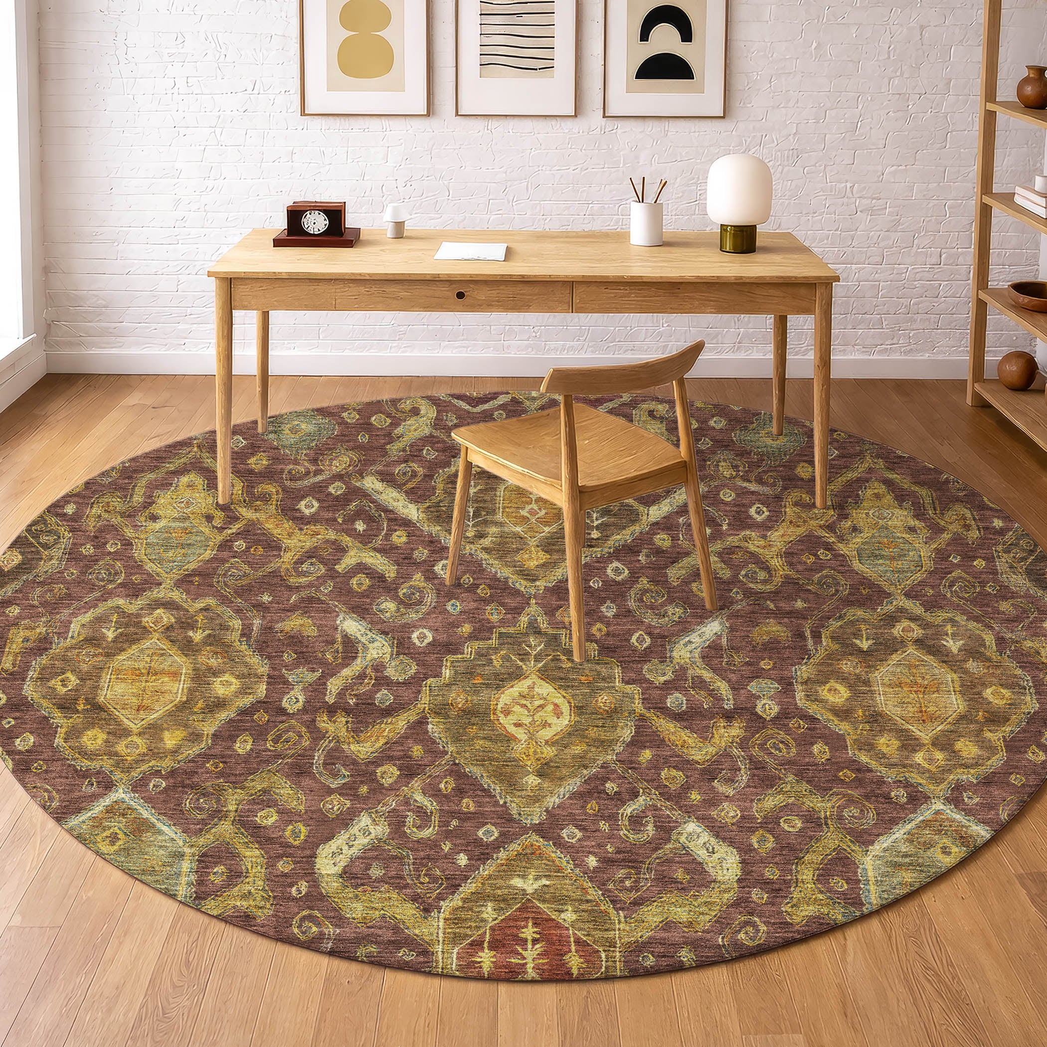 Salzburg Machine Washable Traditional Burgundy Red Rug 8' x 8' #shape_Round