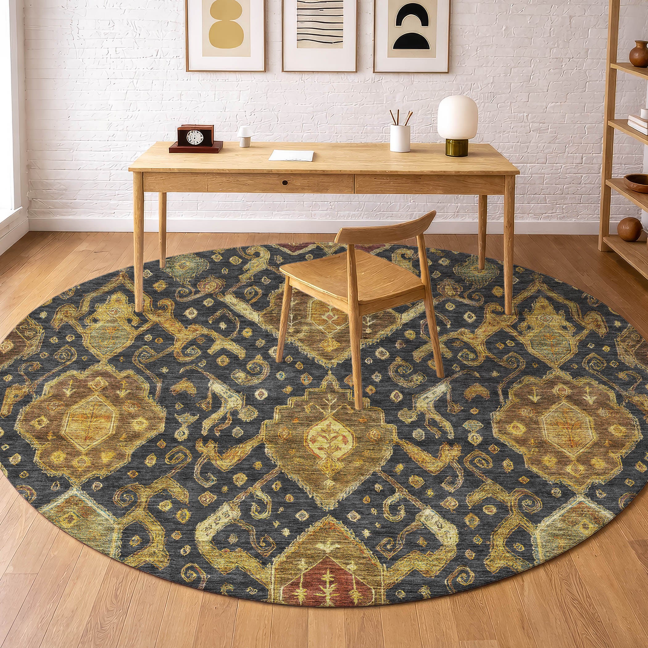 Salzburg Machine Washable Traditional Charcoal Gray Rug 8' x 8' #shape_Round