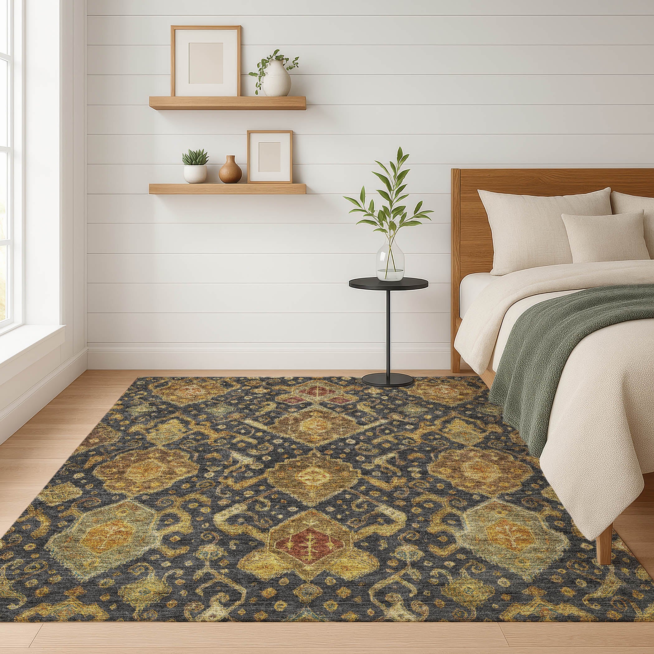 Salzburg Machine Washable Traditional Charcoal Gray Rug 3' x 5' #shape_Rectangle