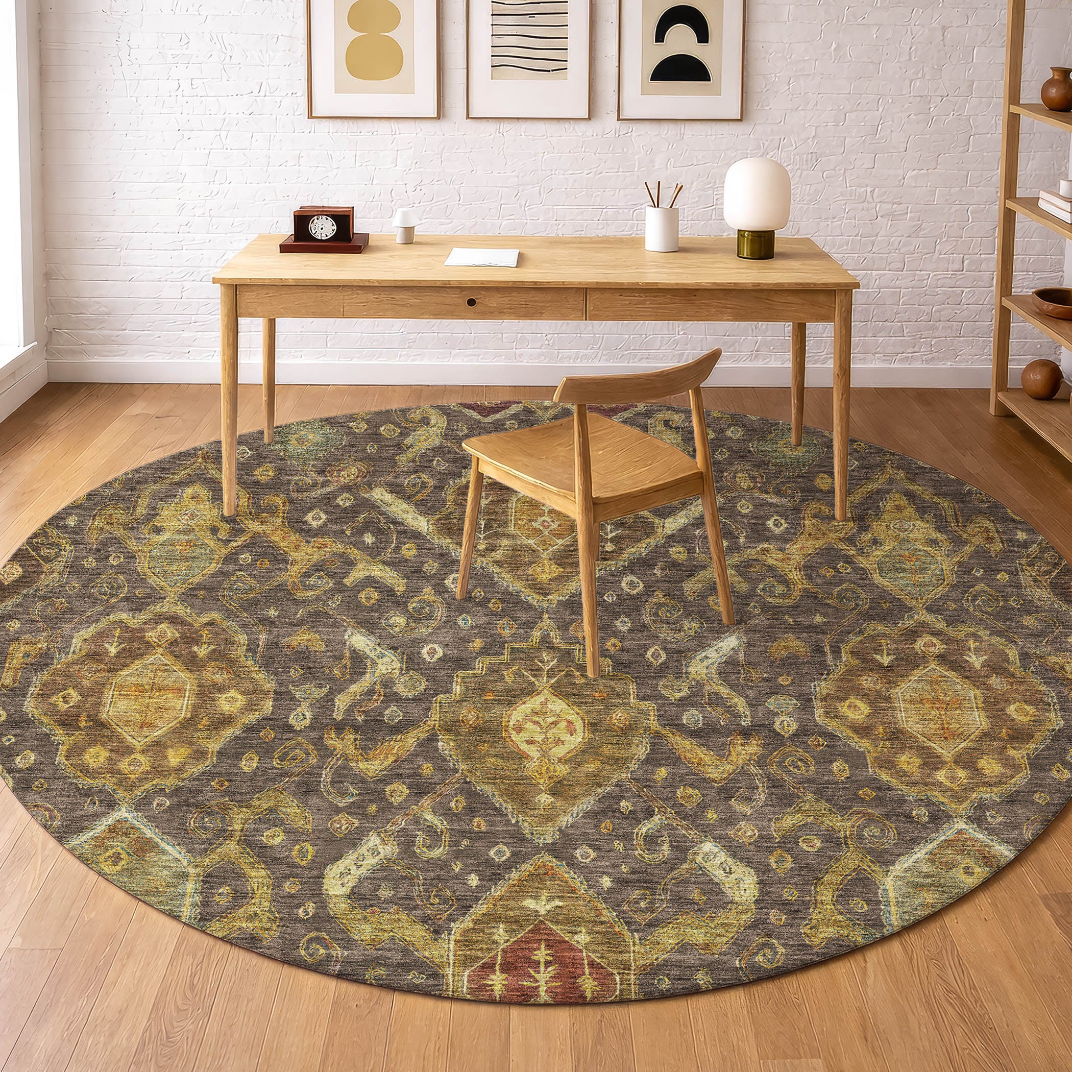 Salzburg Machine Washable Traditional Chocolate Brown Rug 8' x 8' #shape_Round