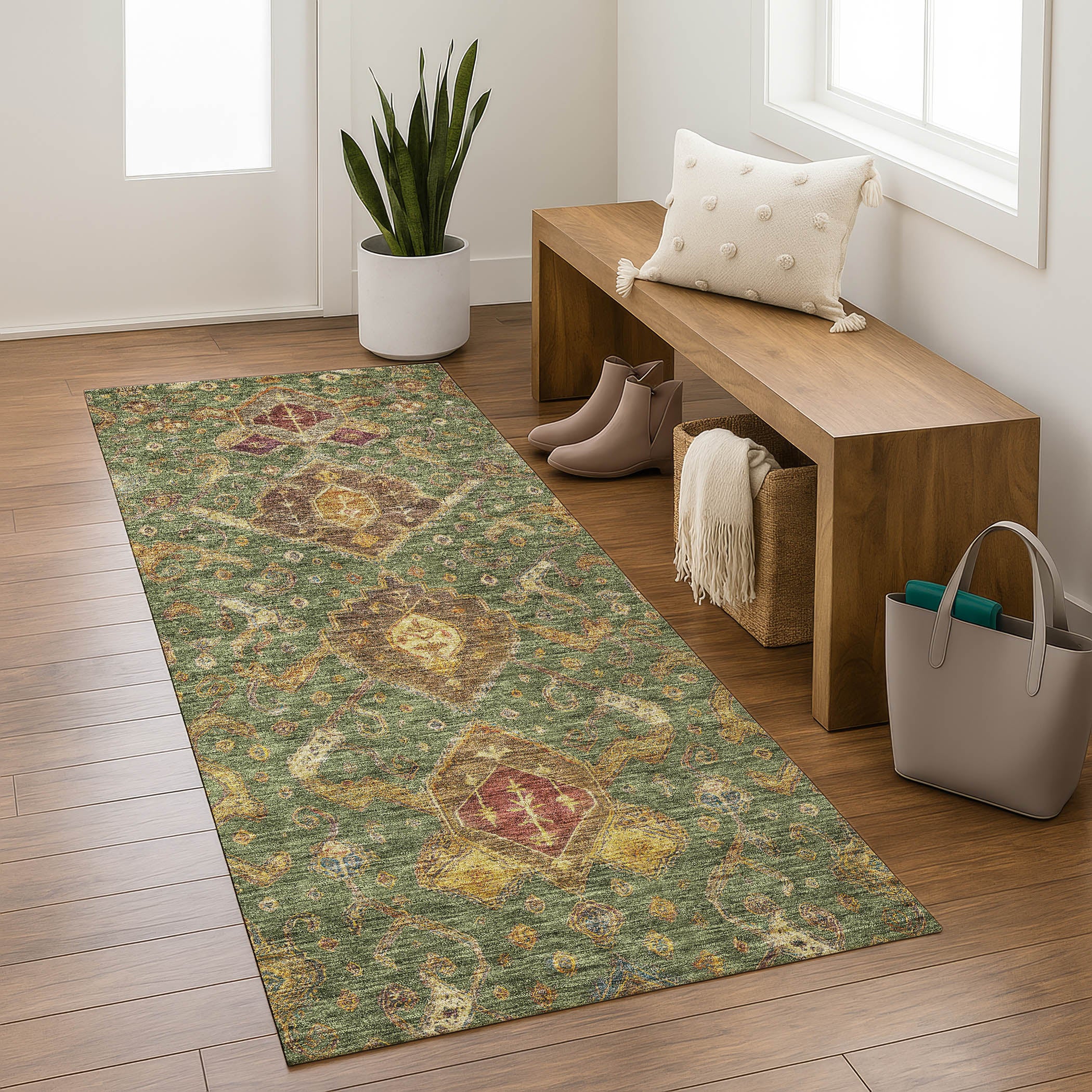 Salzburg Machine Washable Traditional Fern Green Rug 2'3" x 7'6" #shape_Runner