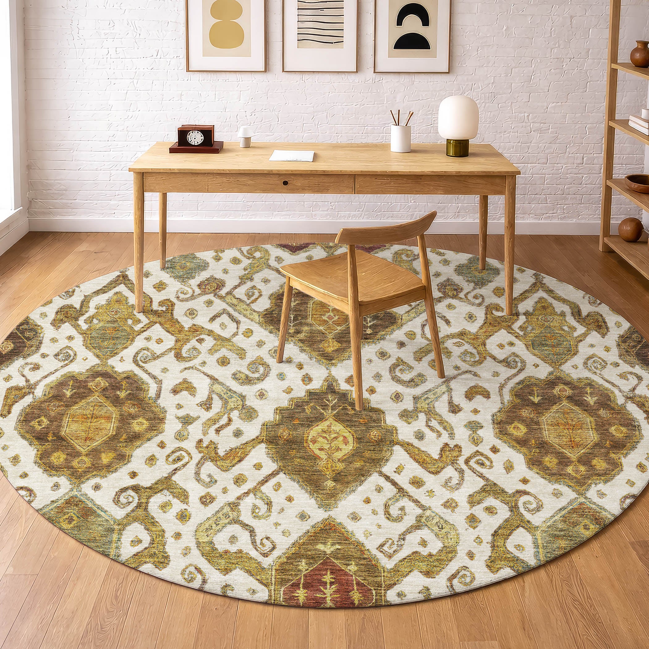 Salzburg Machine Washable Traditional Ivory Rug 8' x 8' #shape_Round