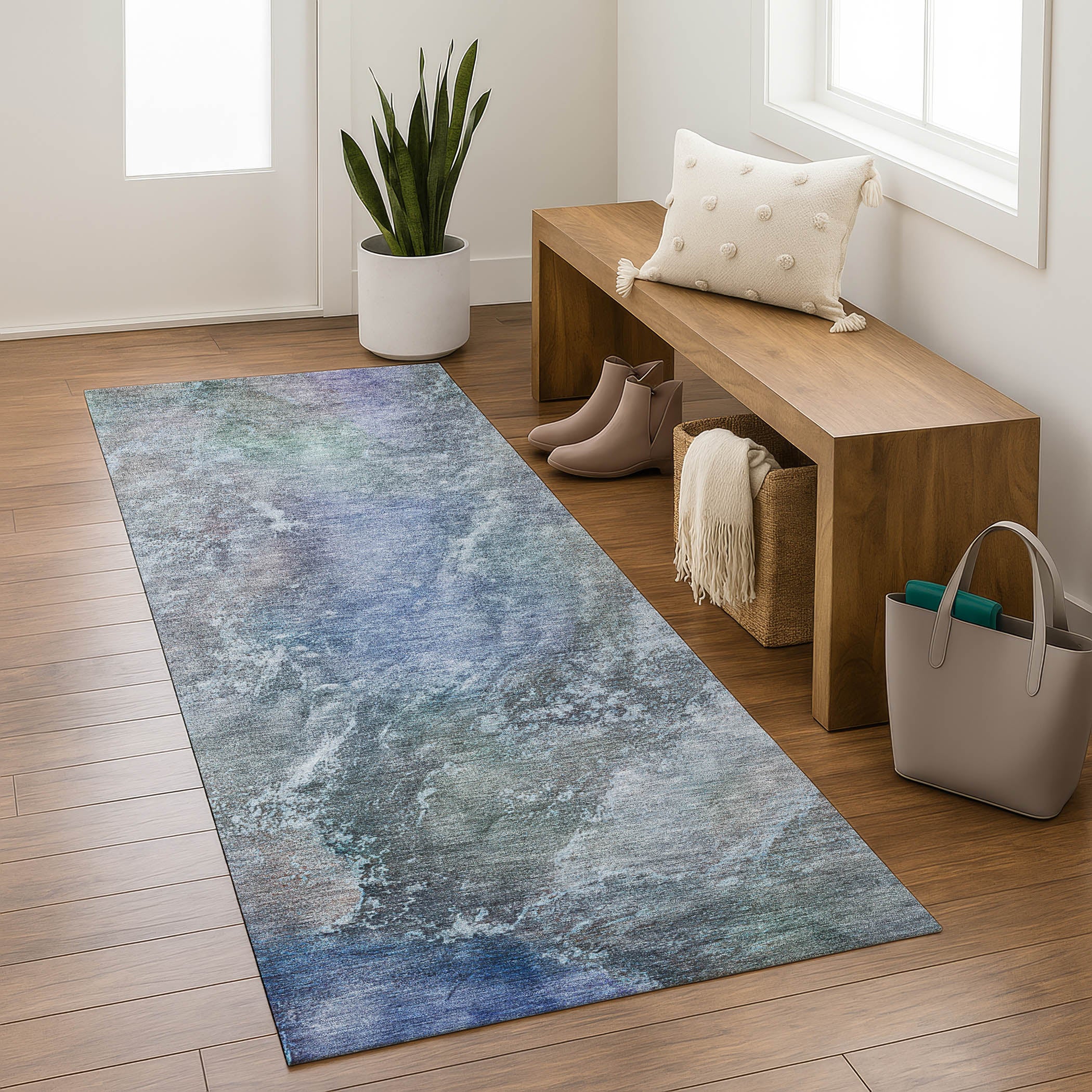 Sintra Machine Washable Transitional Blue Rug 2'3" x 7'6" #shape_Runner