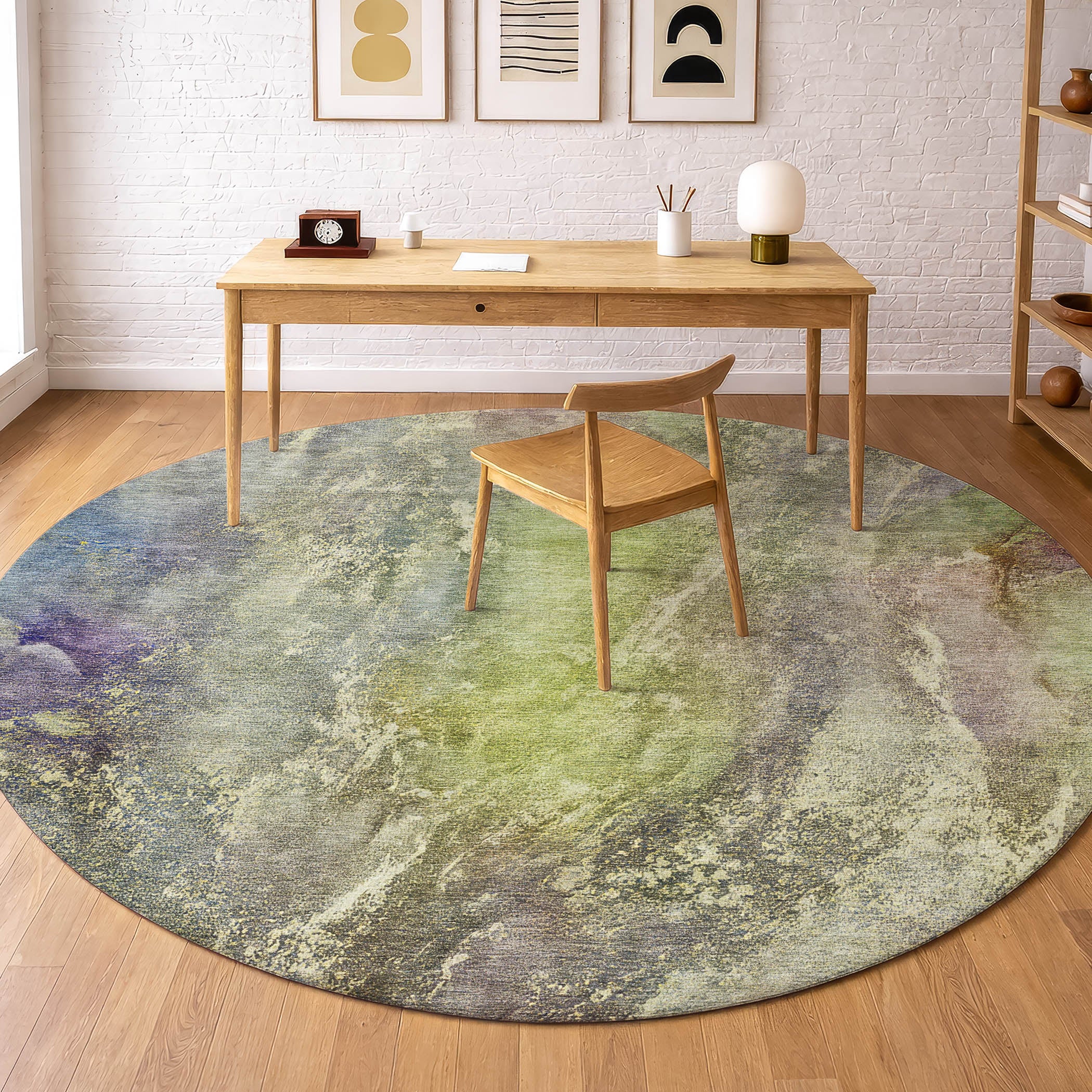 Sintra Machine Washable Transitional Green Rug 8' x 8' #shape_Round