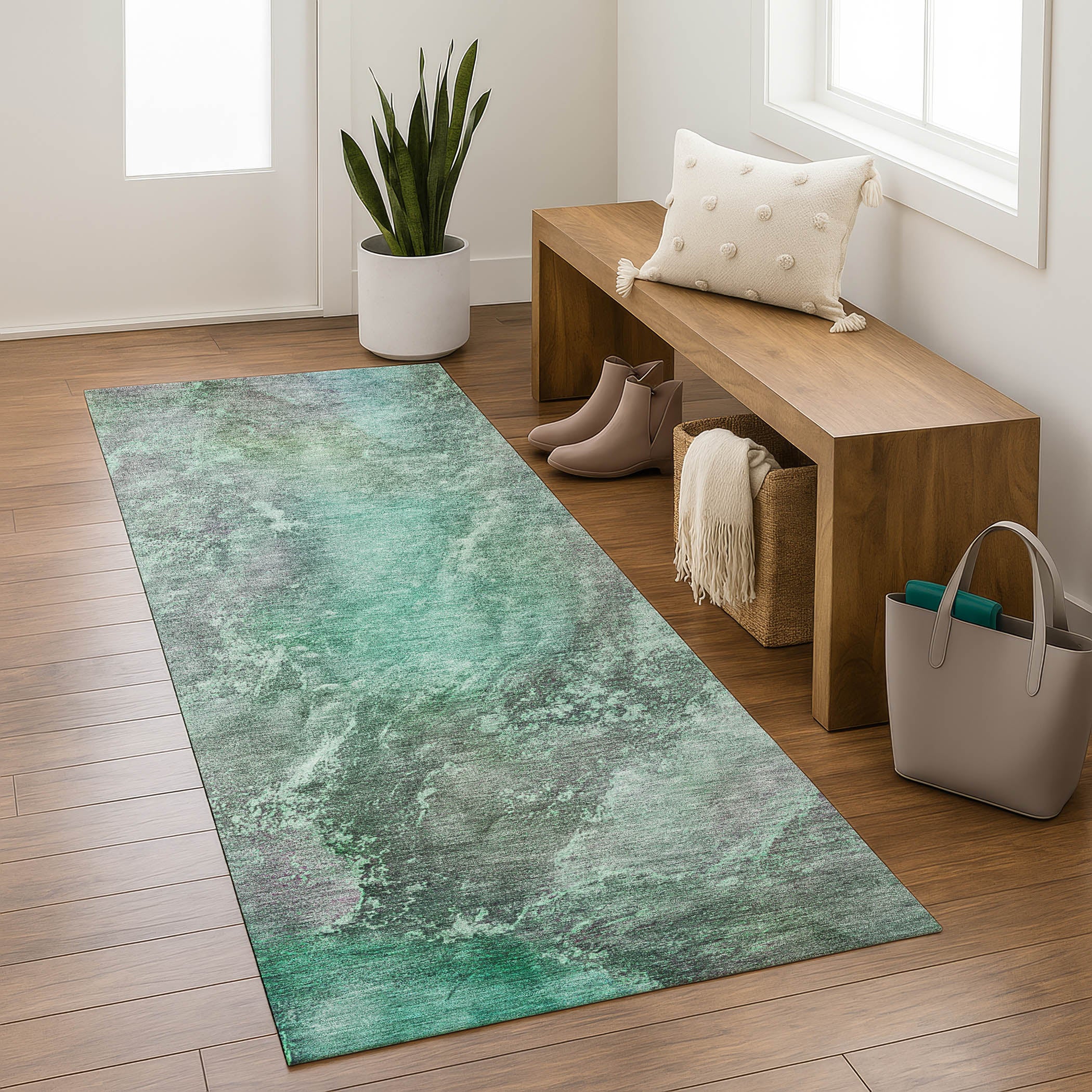 Sintra Machine Washable Transitional Teal Rug 2'3" x 7'6" #shape_Runner