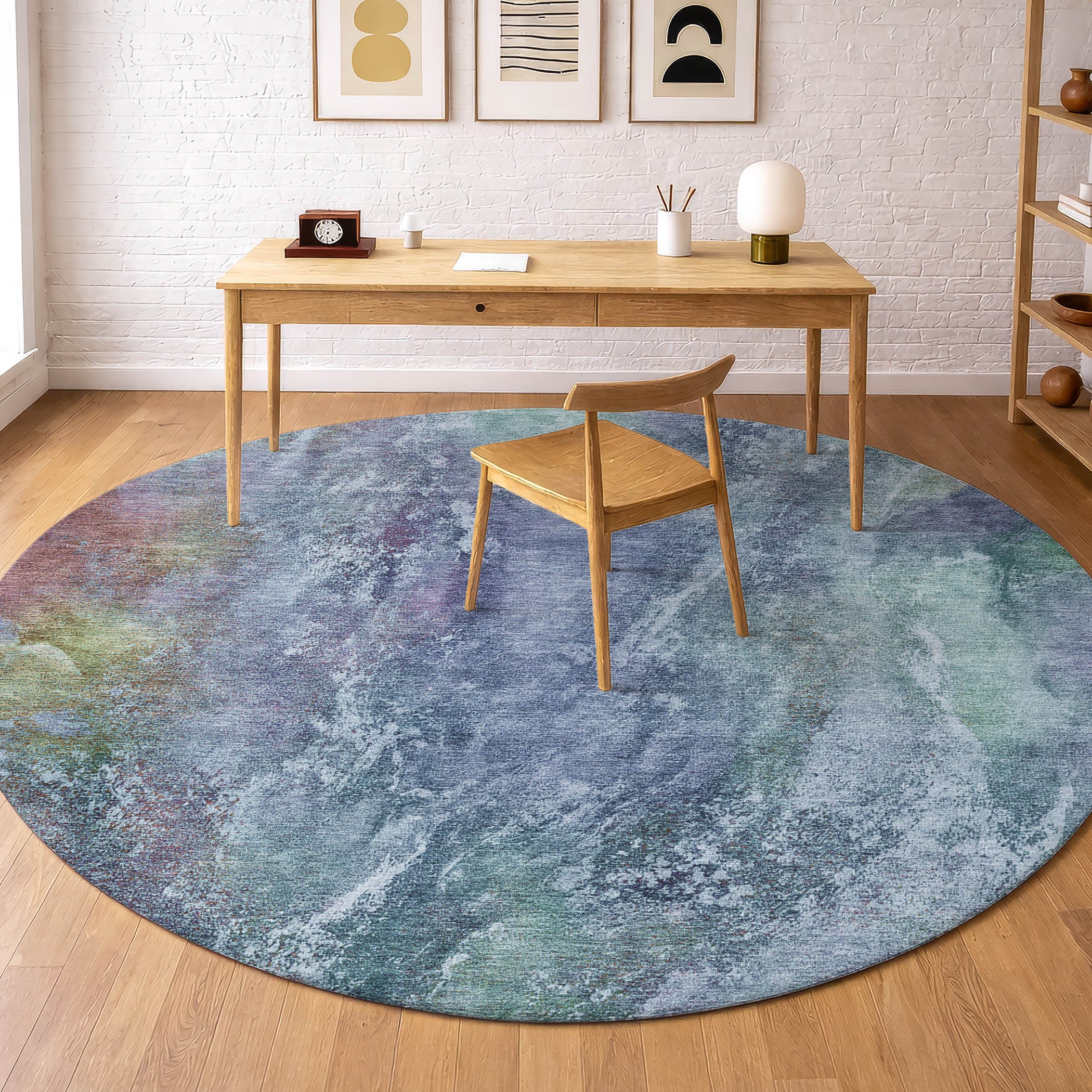 Dublin Machine Washable Transitional Blue Rug 8' x 8' #shape_Round