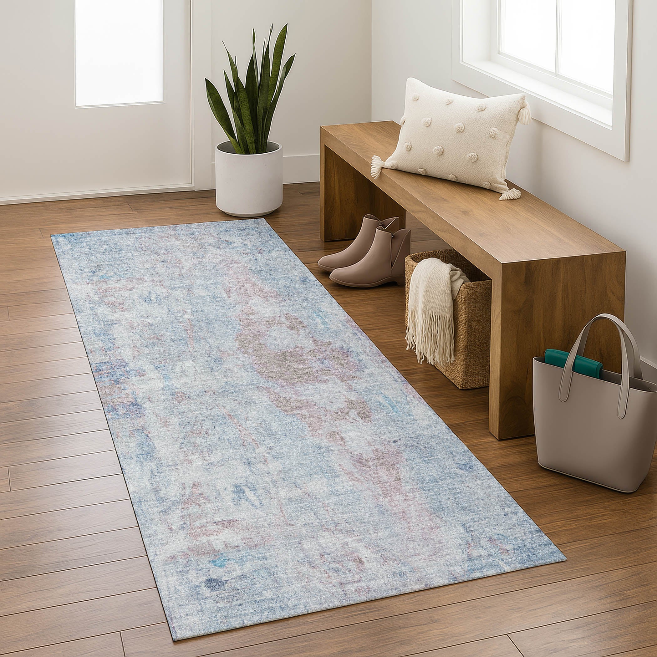 Queenstown Machine Washable Transitional Blue Rug 2'3" x 7'6" #shape_Runner