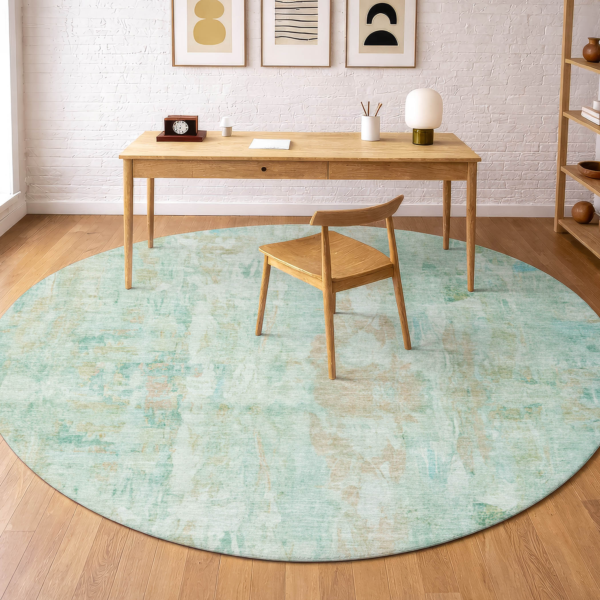 Queenstown Machine Washable Transitional Turquoise Teal Rug 8' x 8' #shape_Round