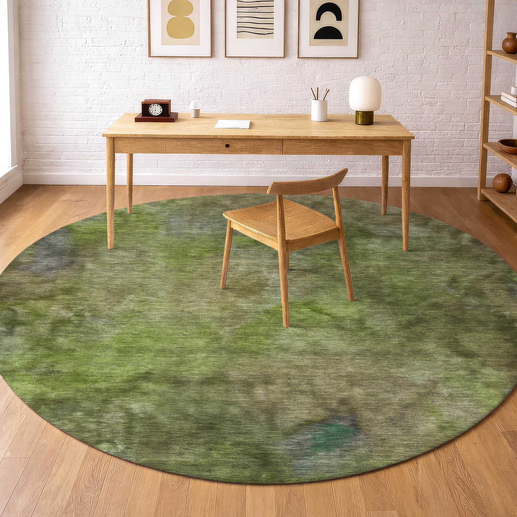 Porto Machine Washable Transitional Olive Green Rug 8' x 8' #shape_Round