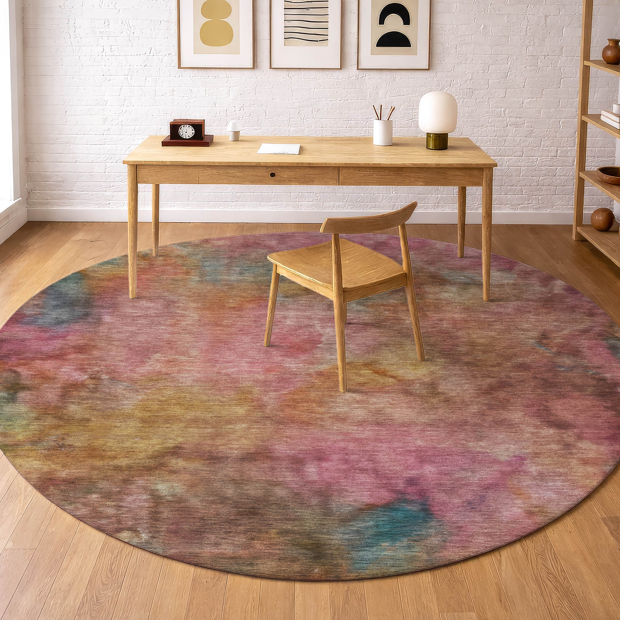 Porto Machine Washable Transitional Pink Rug 8' x 8' #shape_Round