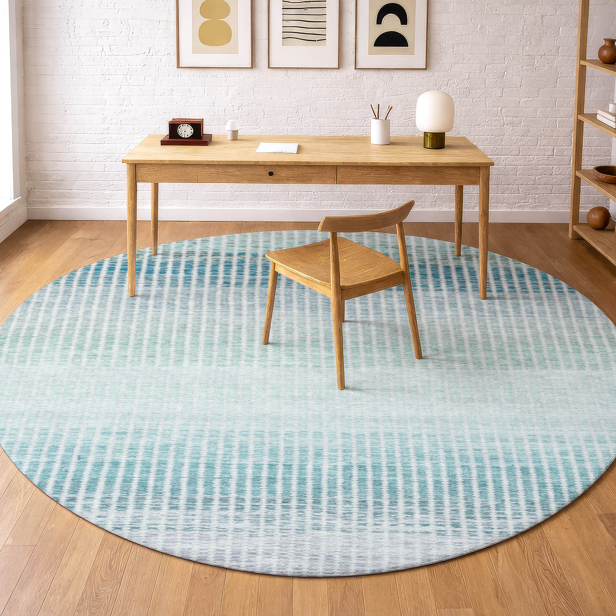 Prague Machine Washable Transitional Blue Rug 8' x 8' #shape_Round