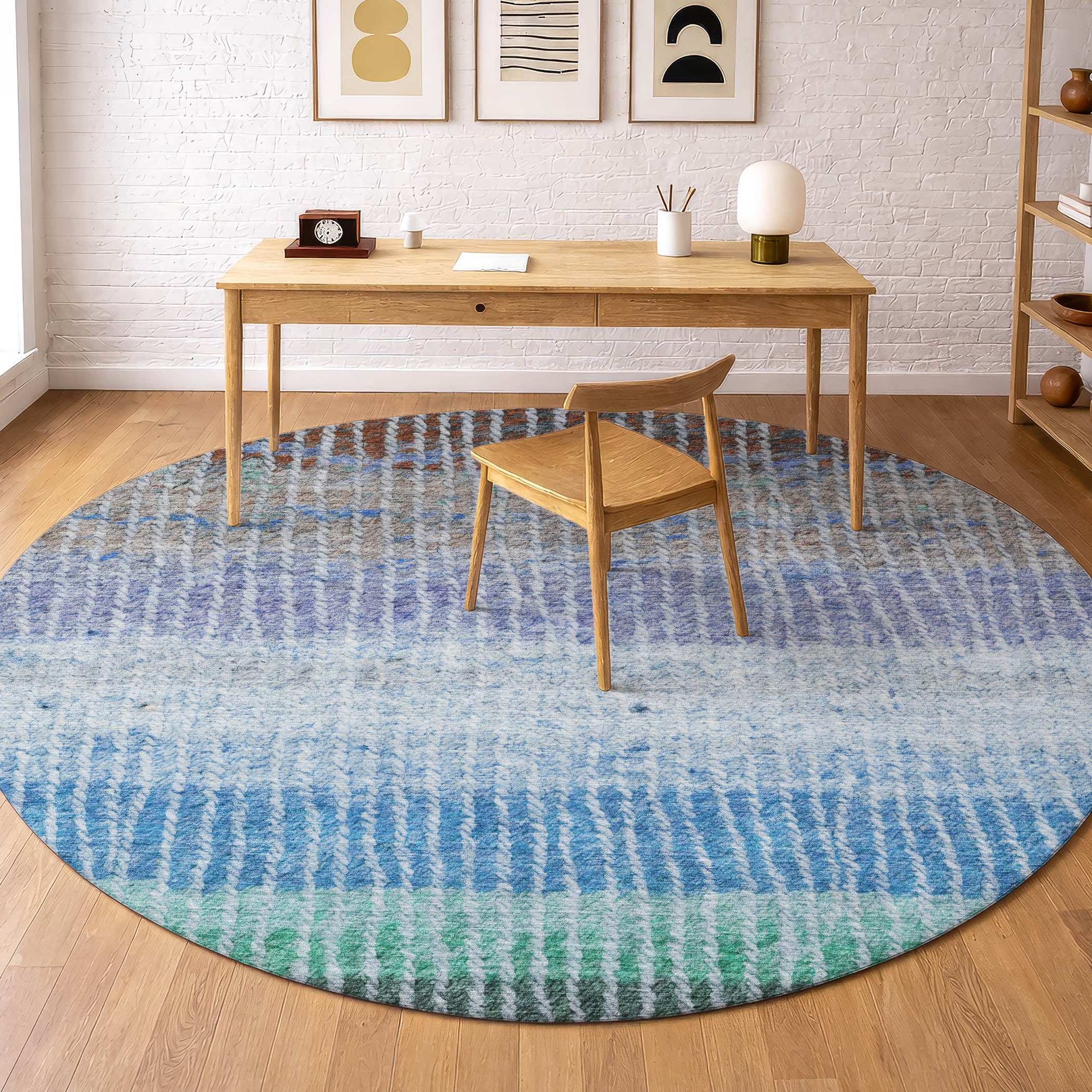 Luang Prabang Machine Washable Transitional Blue Rug 8' x 8' #shape_Round