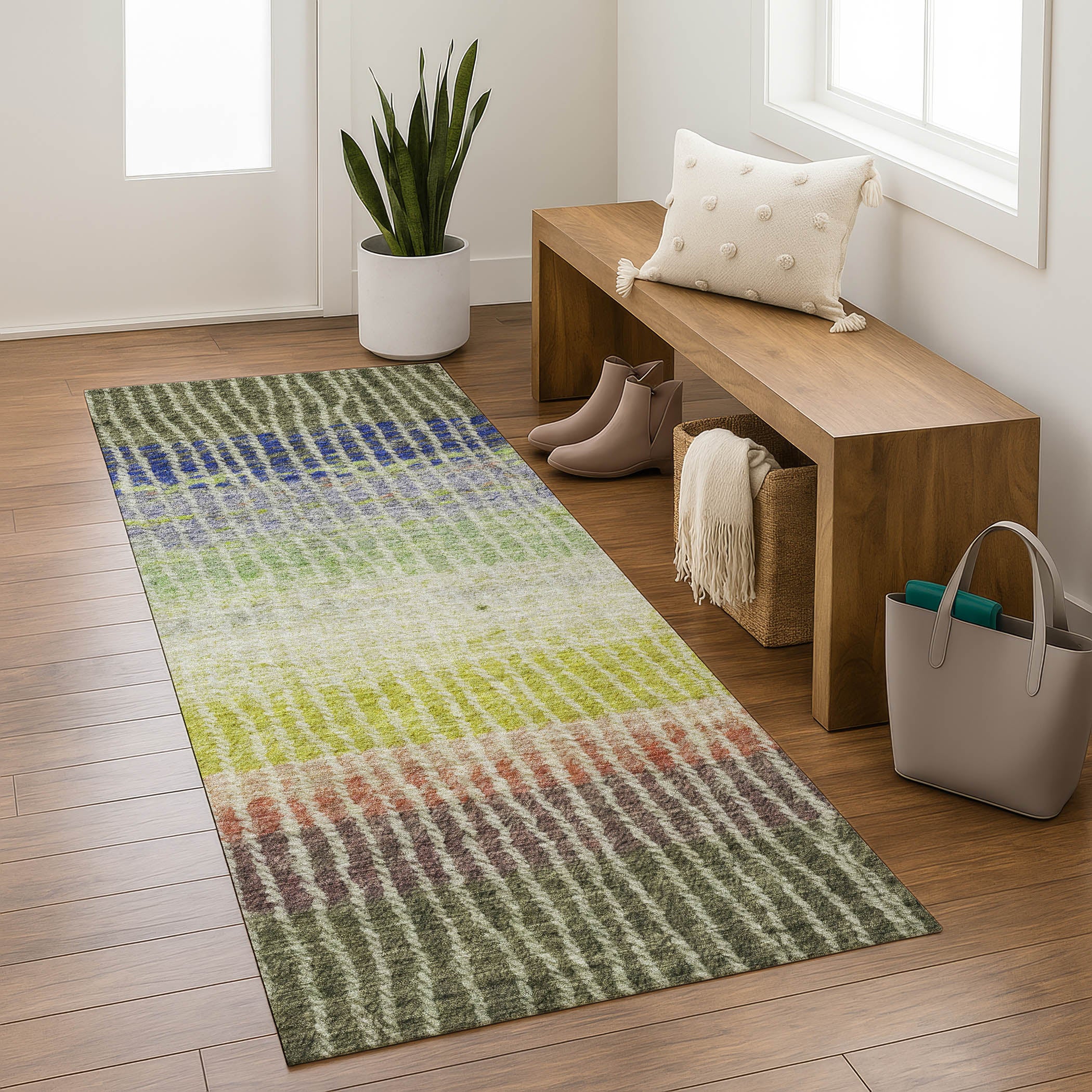 Luang Prabang Machine Washable Transitional Olive Green Rug 2'3" x 7'6" #shape_Runner