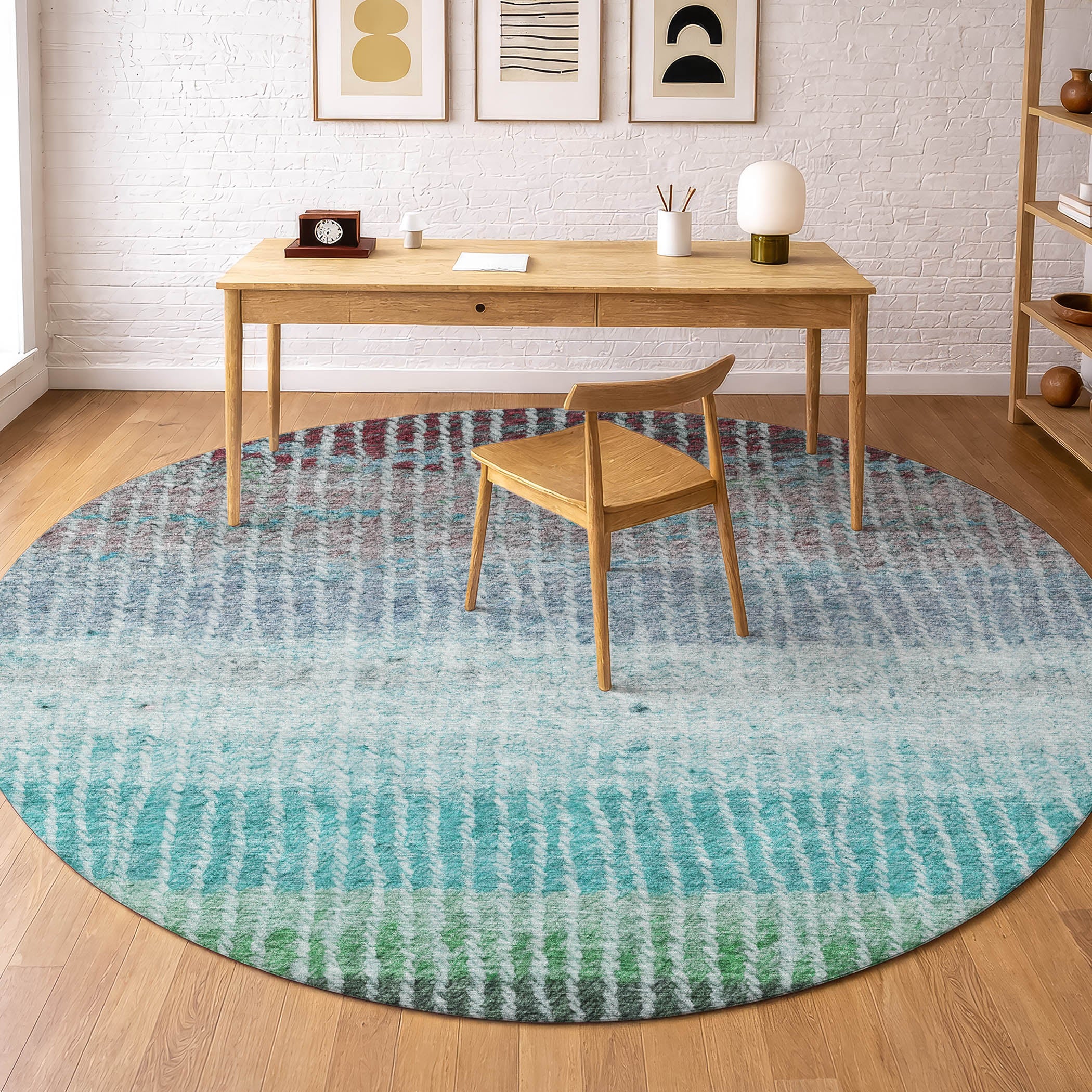 Luang Prabang Machine Washable Transitional Teal Rug 8' x 8' #shape_Round