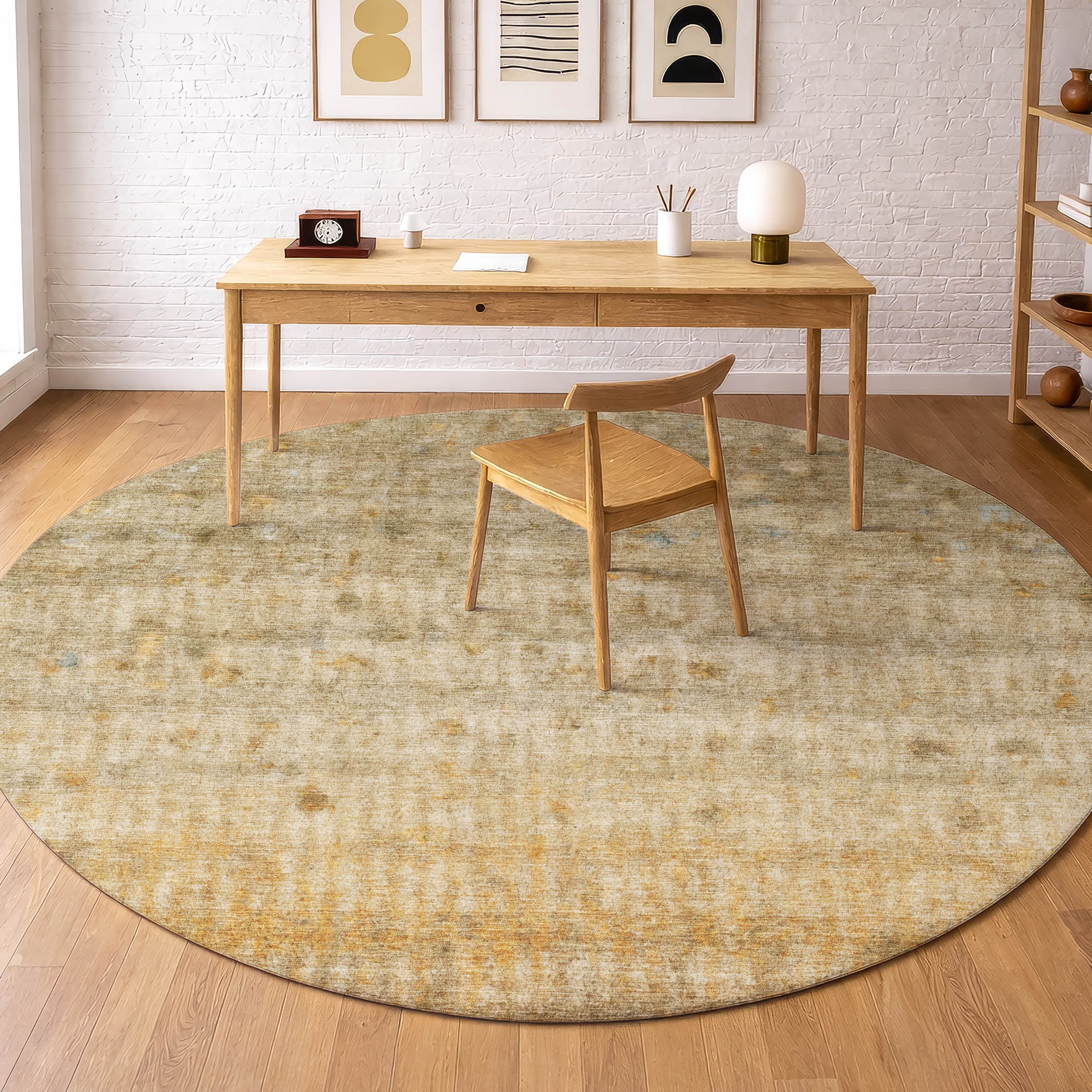 Oaxaca Machine Washable Transitional Beige Brown Rug 8' x 8' #shape_Round