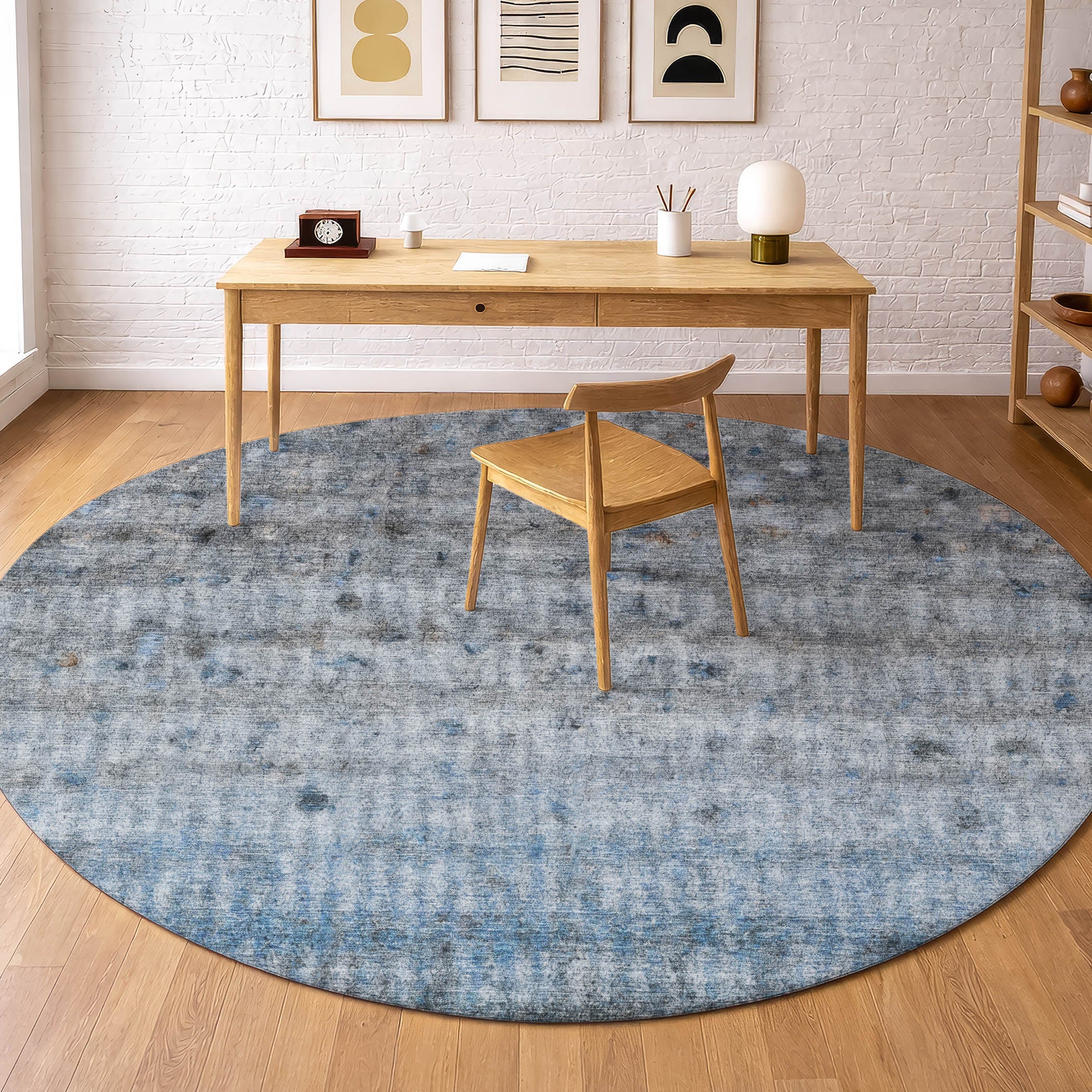 Oaxaca Machine Washable Transitional Blue Rug 8' x 8' #shape_Round