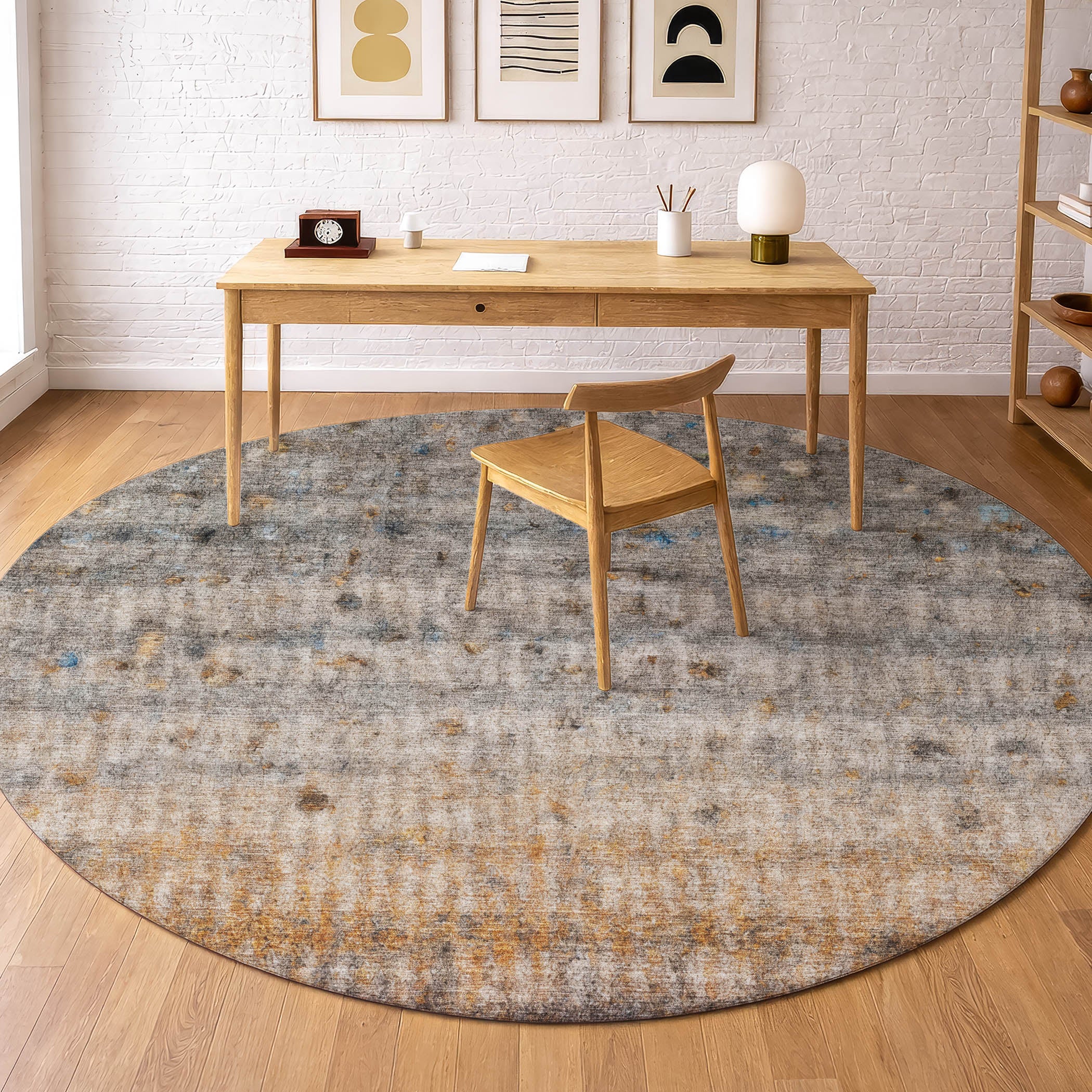 Oaxaca Machine Washable Transitional Gray Rug 8' x 8' #shape_Round