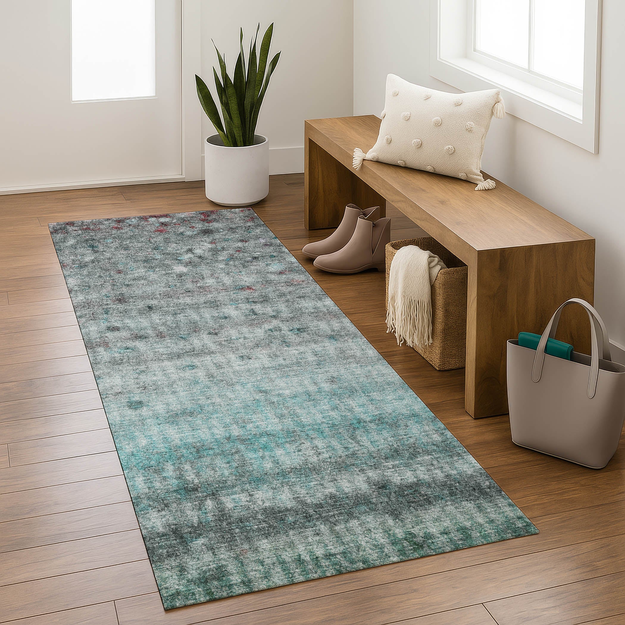 Oaxaca Machine Washable Transitional Teal Rug 2'3" x 7'6" #shape_Runner