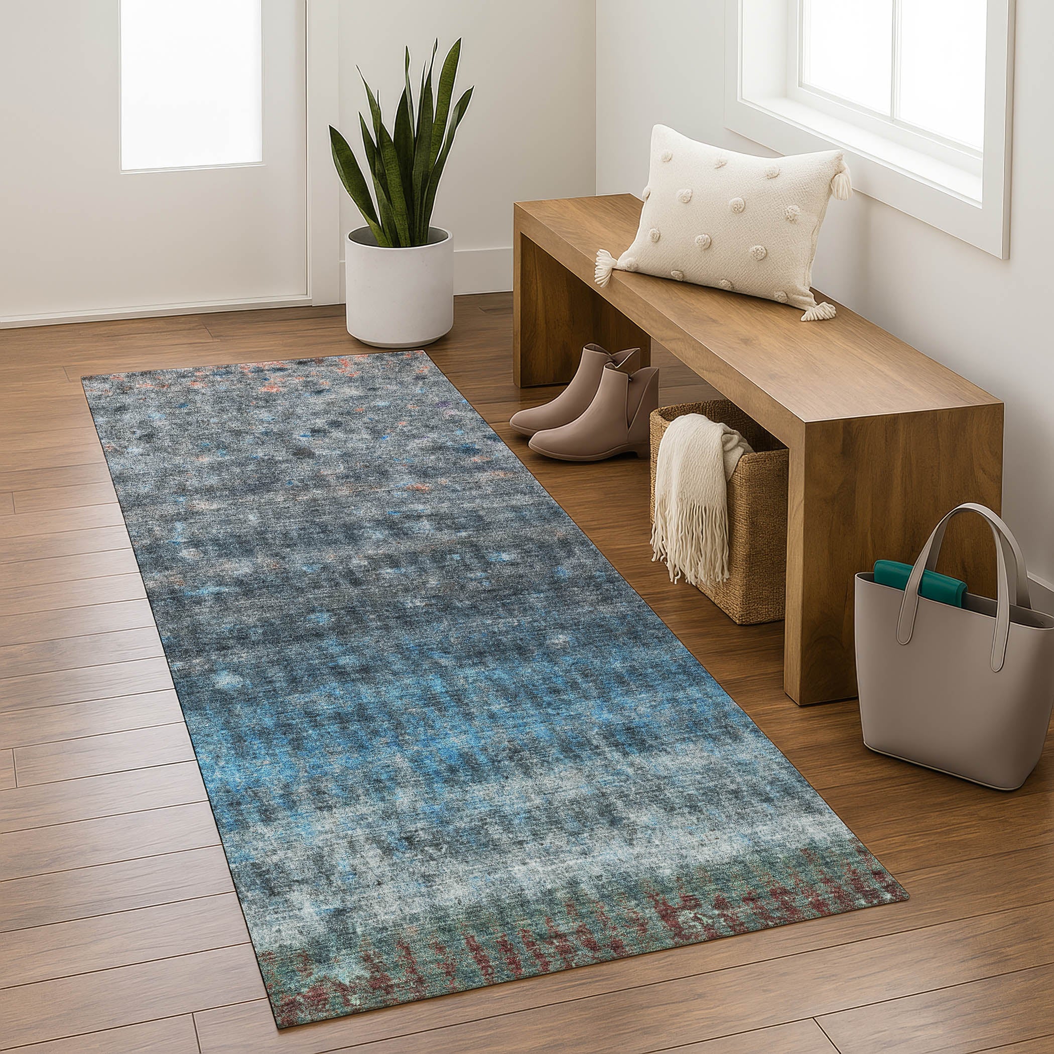 Bergen Machine Washable Transitional Blue Rug 2'3" x 7'6" #shape_Runner
