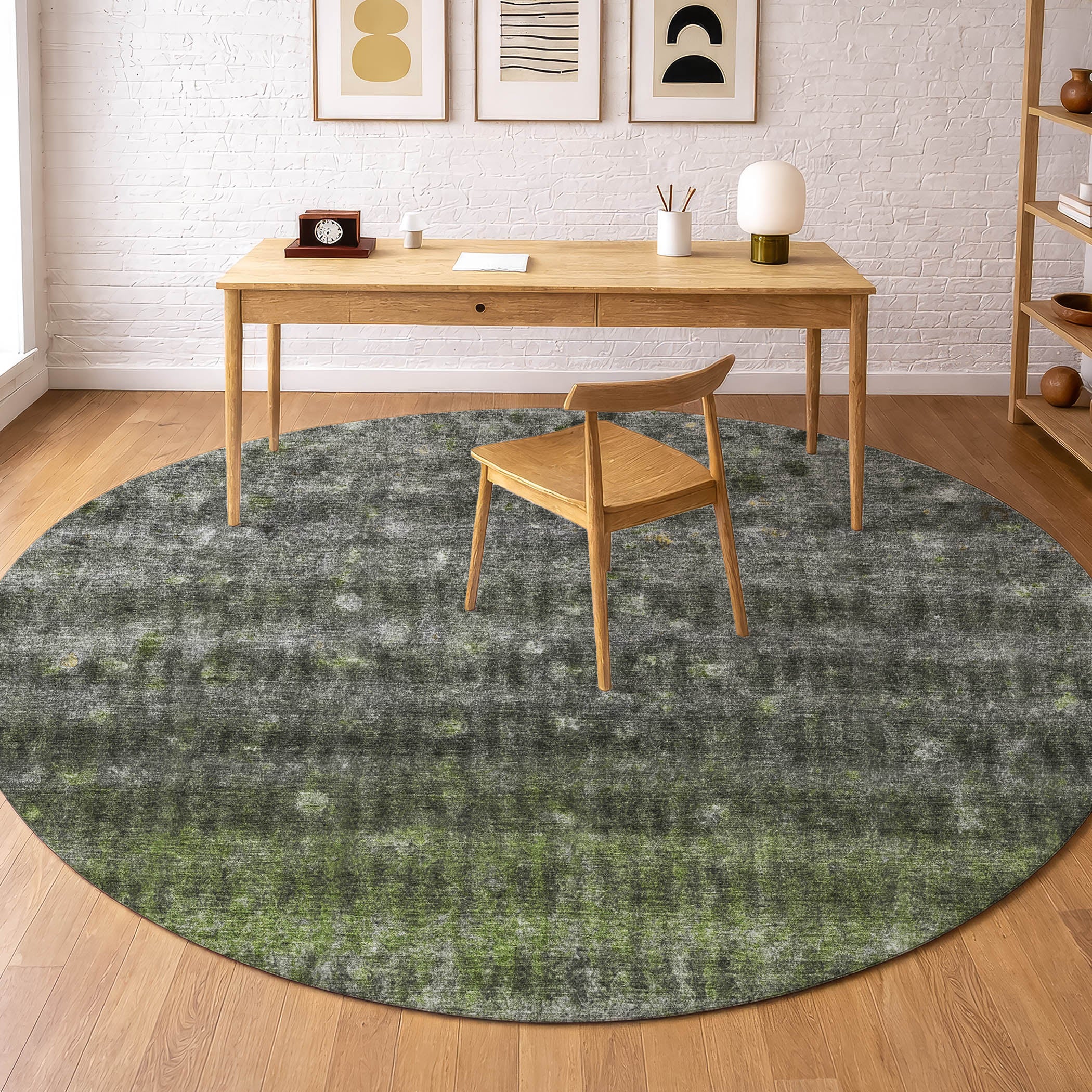 Bergen Machine Washable Transitional Olive Green Rug 8' x 8' #shape_Round