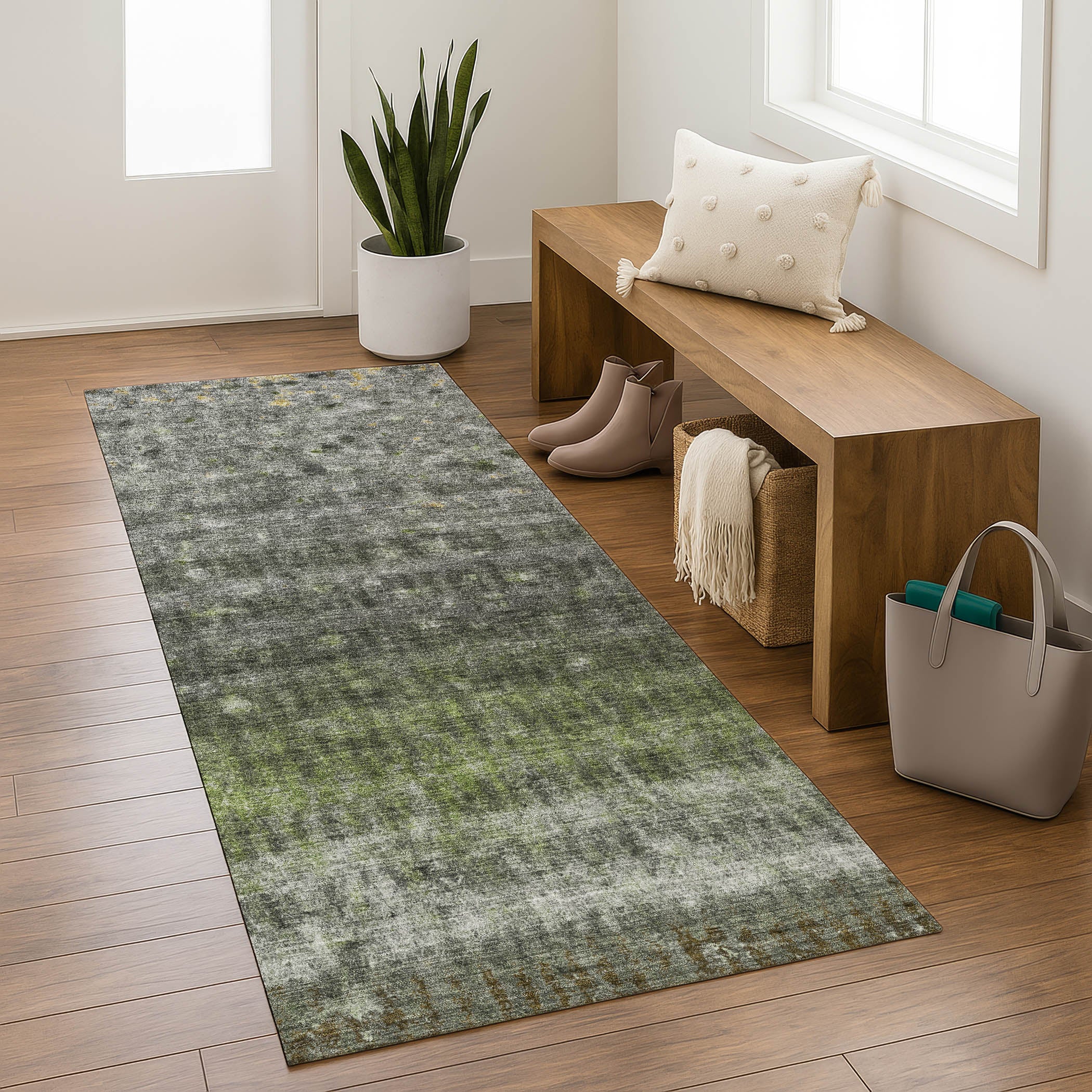 Bergen Machine Washable Transitional Olive Green Rug 2'3" x 7'6" #shape_Runner