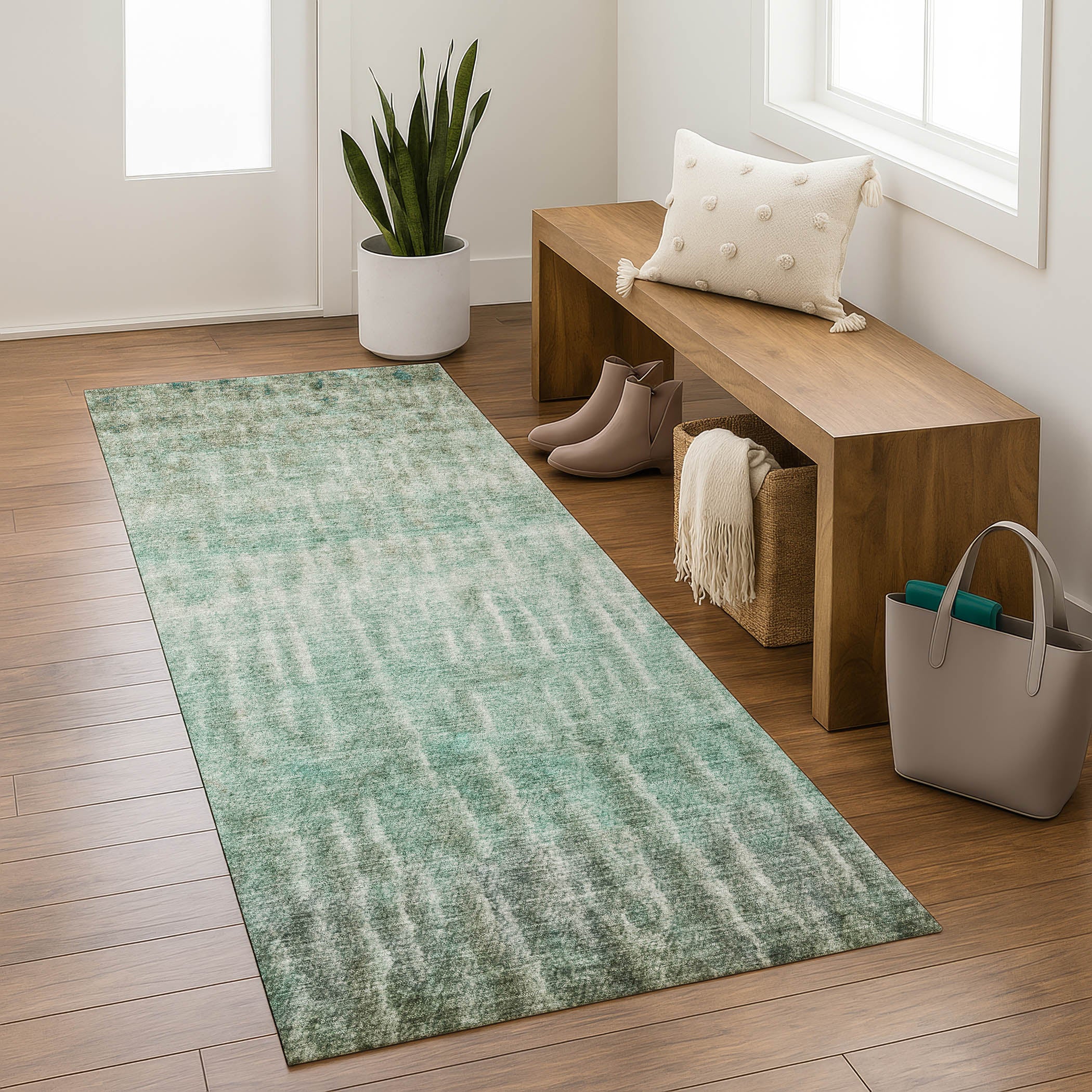 Antigua Machine Washable Transitional Teal Rug 2'3" x 7'6" #shape_Runner