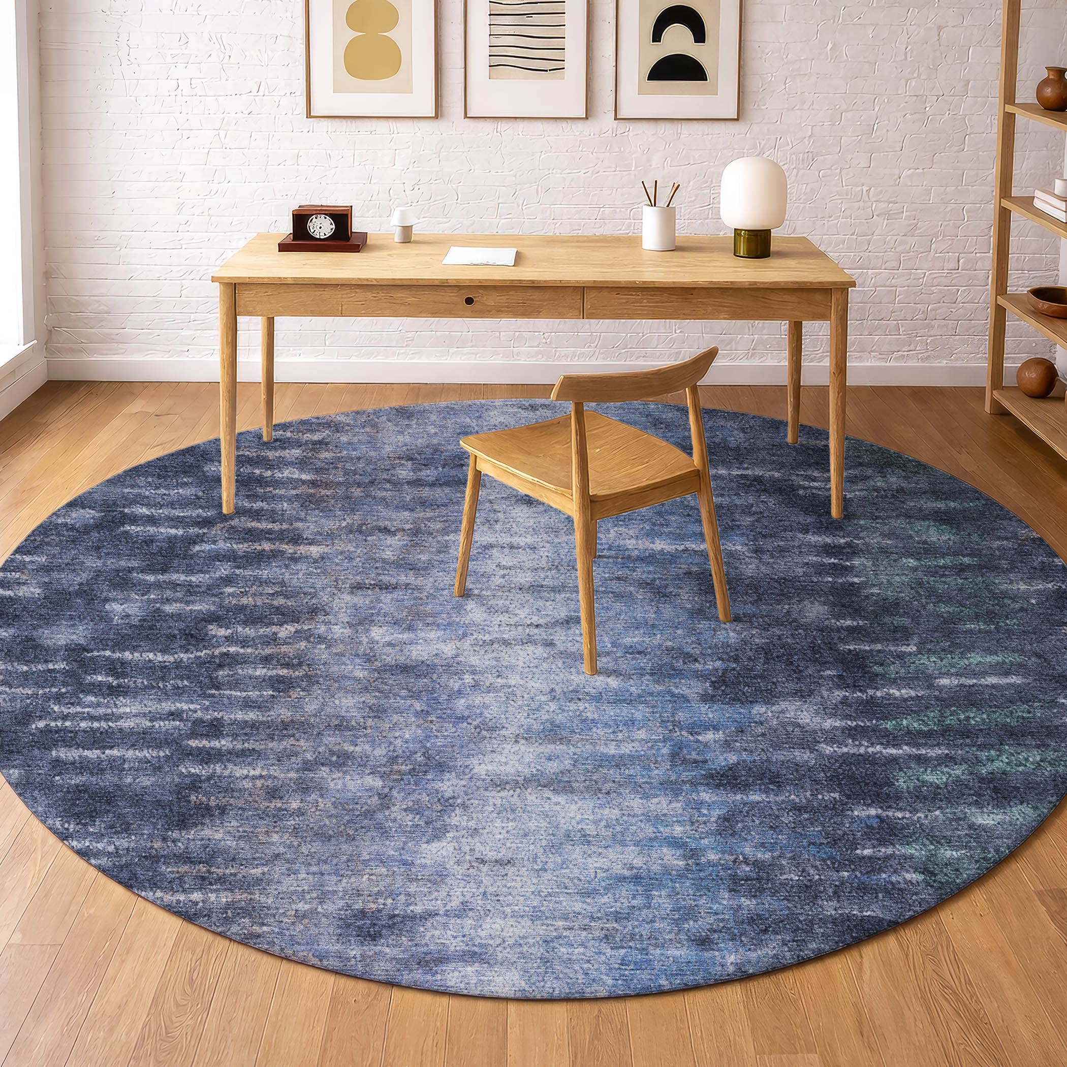 Sintra Machine Washable Transitional Navy Blue Rug 8' x 8' #shape_Round