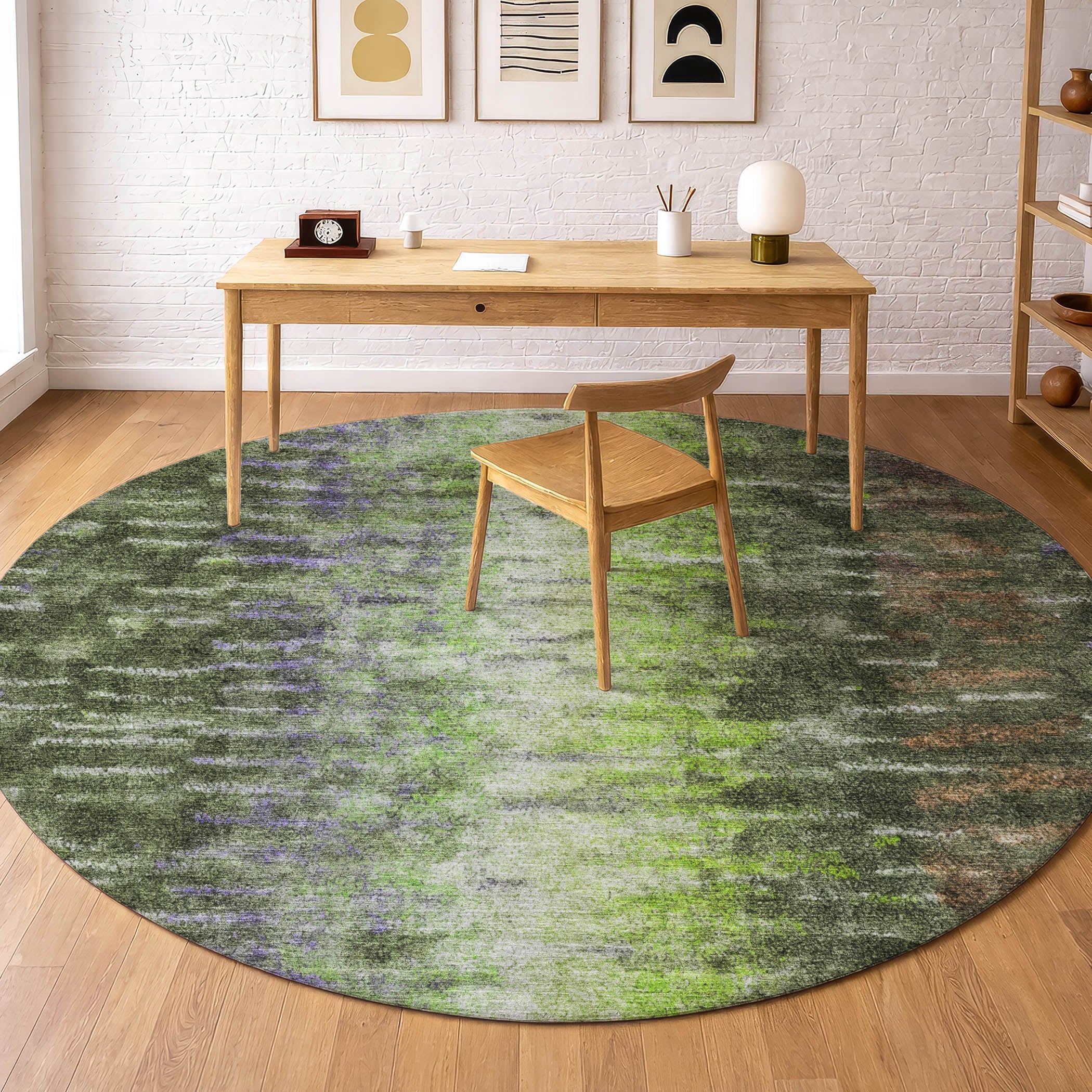 Sintra Machine Washable Transitional Olive Green Rug 8' x 8' #shape_Round