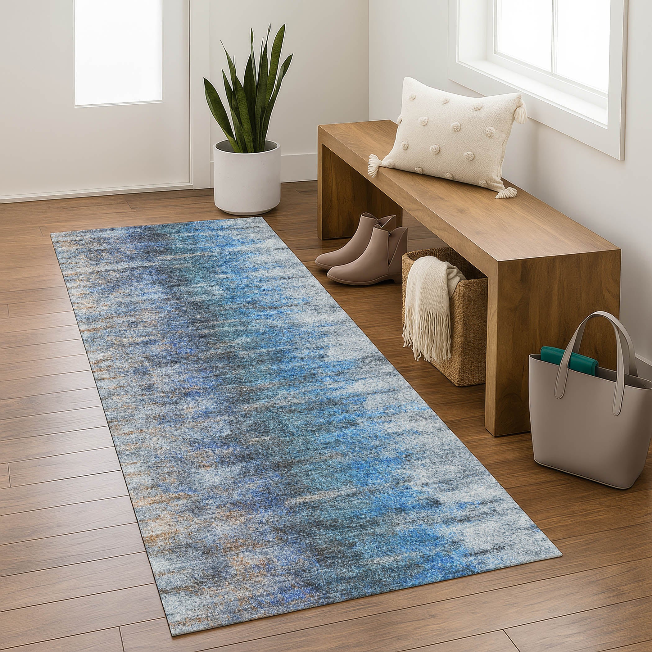 Marrakech Machine Washable Transitional Blue Rug 2'3" x 7'6" #shape_Runner