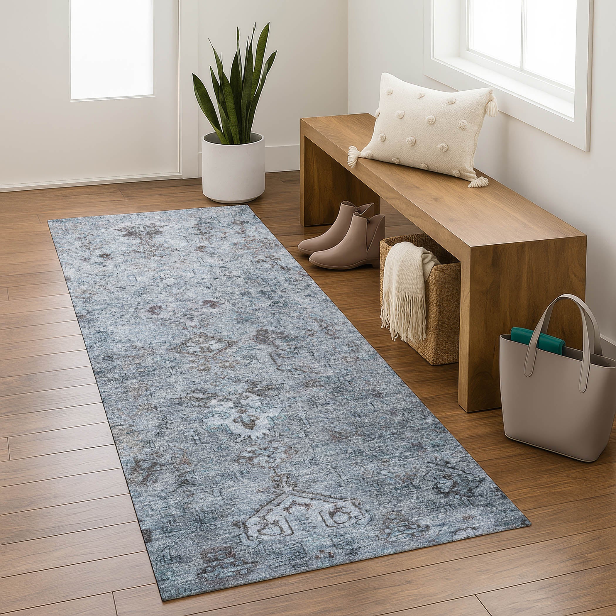 Istanbul Machine Washable Traditional Blue Rug 2'3" x 7'6" #shape_Runner