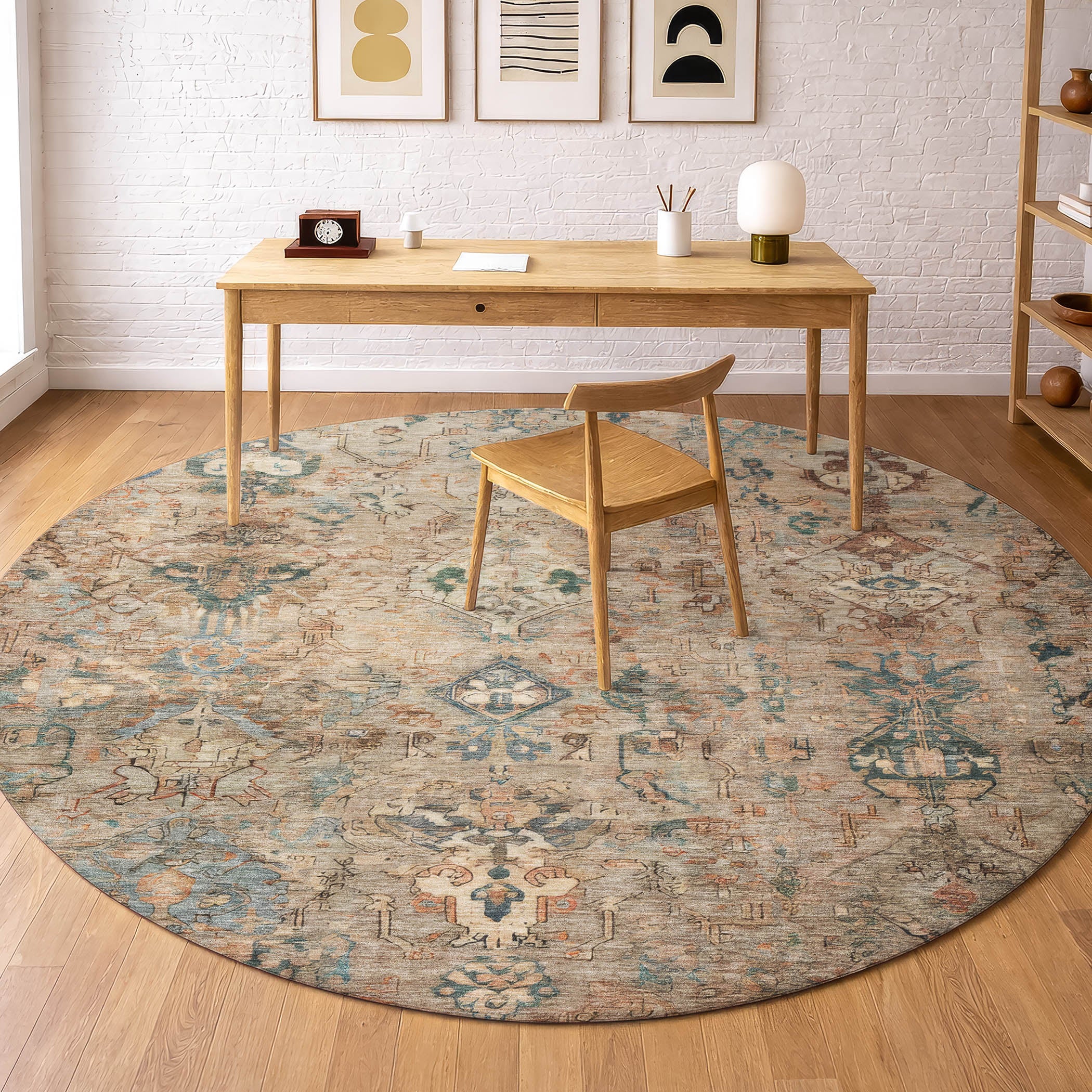Istanbul Machine Washable Traditional Khaki Brown Rug 8' x 8' #shape_Round