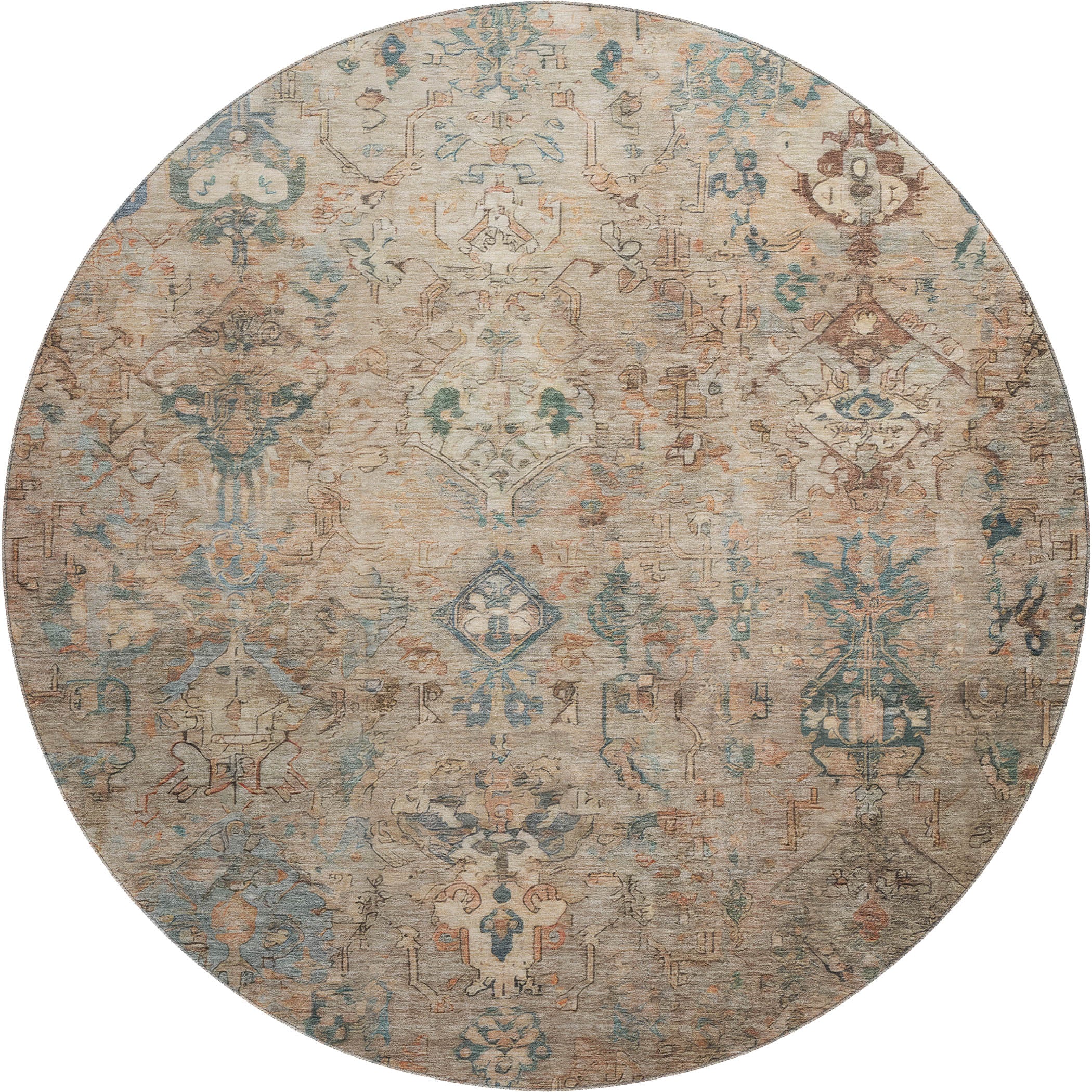 Istanbul Machine Washable Traditional Khaki Brown Rug 8' x 8' #shape_Round