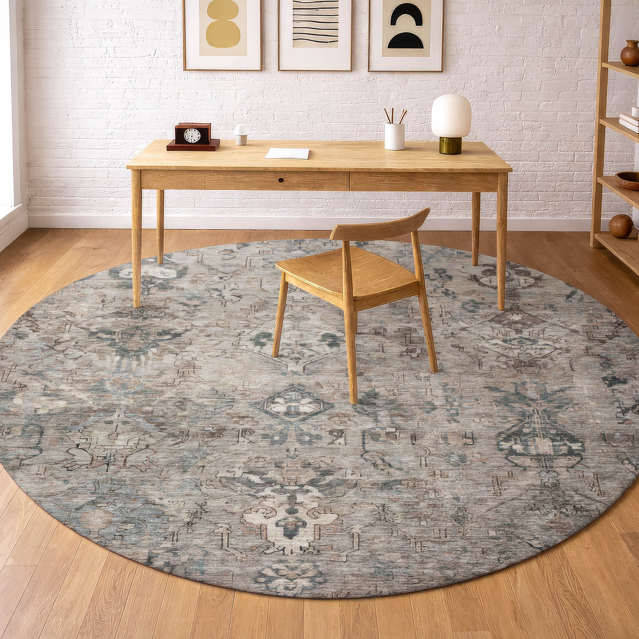 Istanbul Machine Washable Traditional Taupe Brown Rug 8' x 8' #shape_Round
