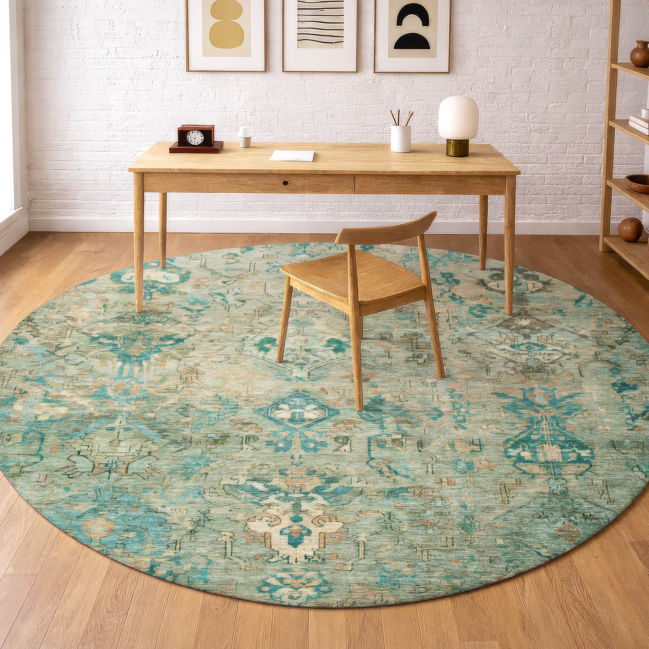 Istanbul Machine Washable Traditional Teal Rug 8' x 8' #shape_Round